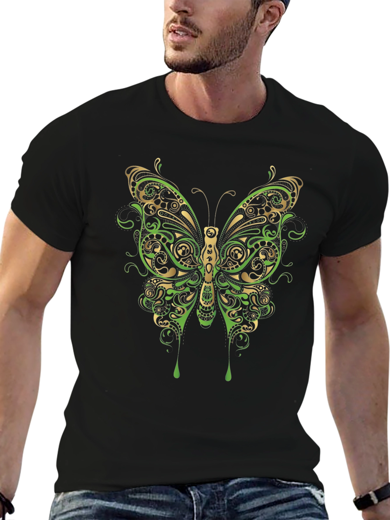 Butterfly Graphic Print Mens Black T-Shirt