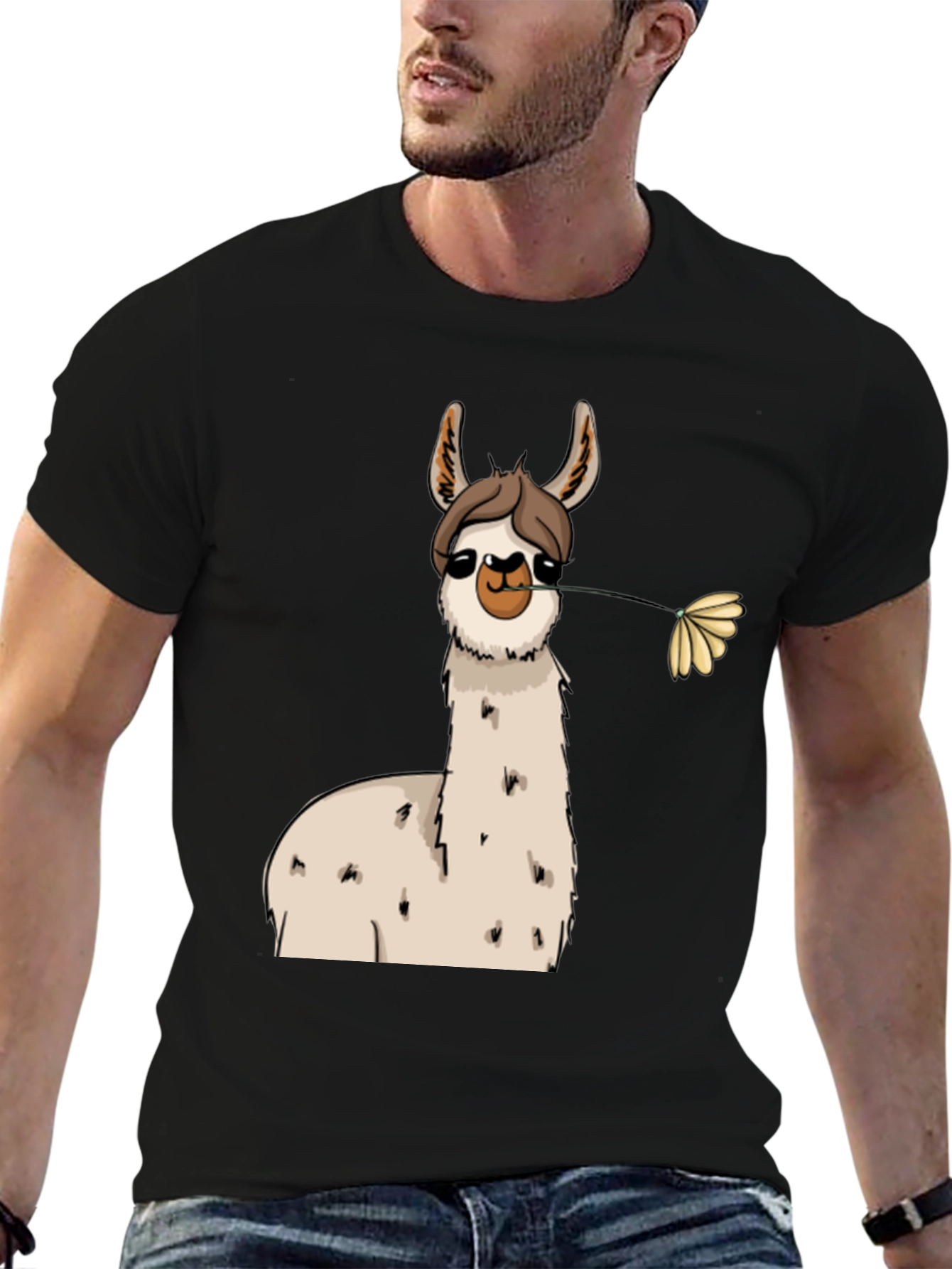 Llama with Flower Black T-Shirt