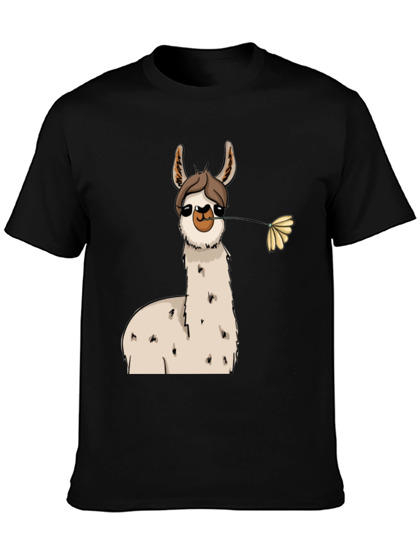 Llama with Flower Black T-Shirt