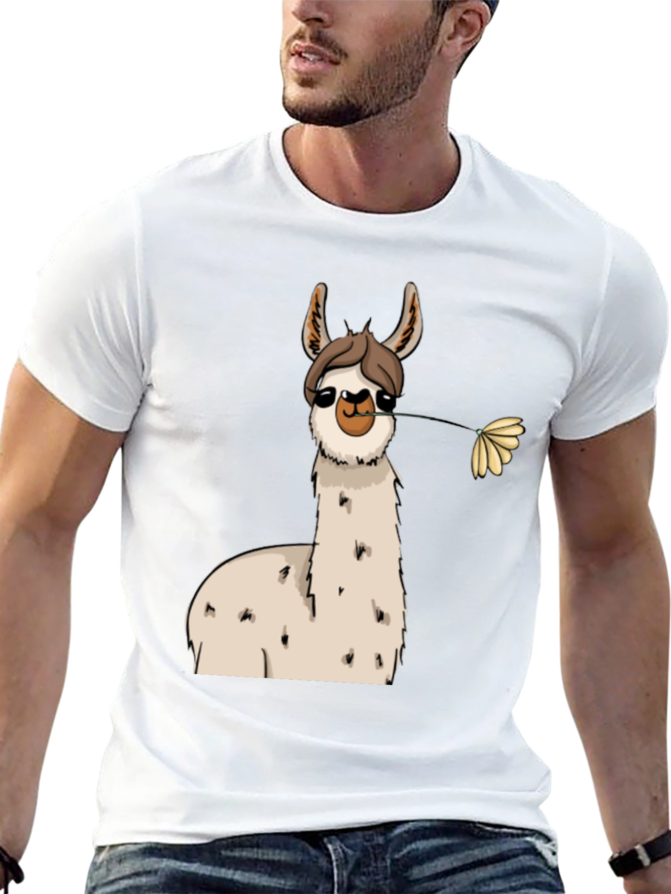 Llama with Flower Black T-Shirt