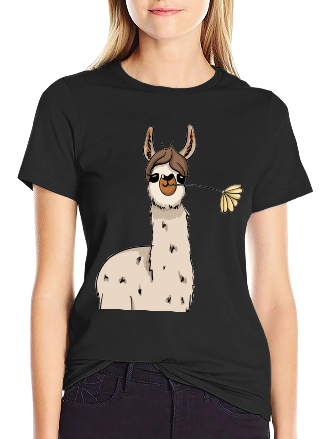 Llama with Flower Black T-Shirt