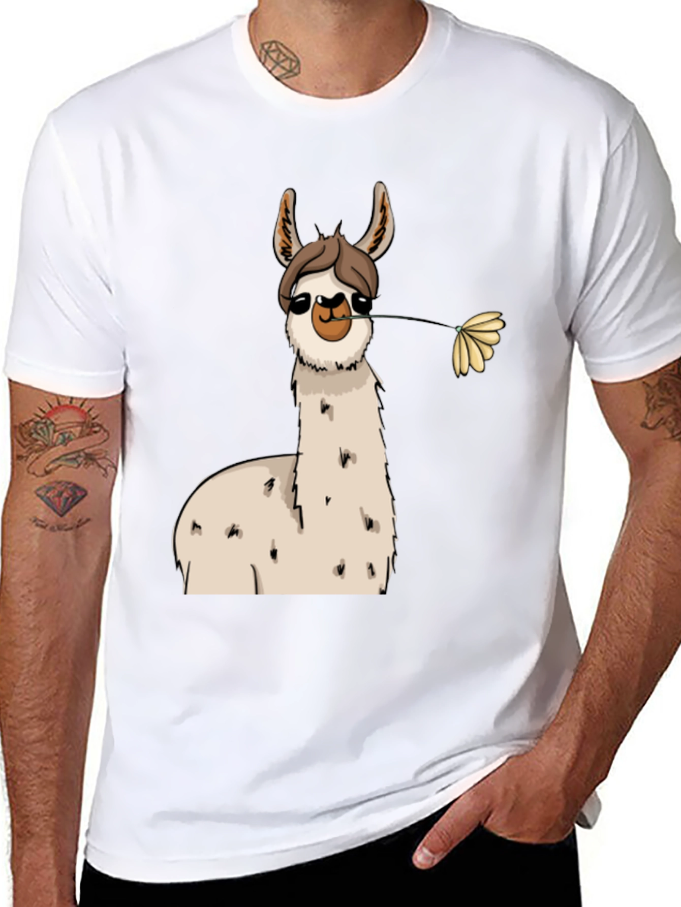 Llama with Flower Black T-Shirt