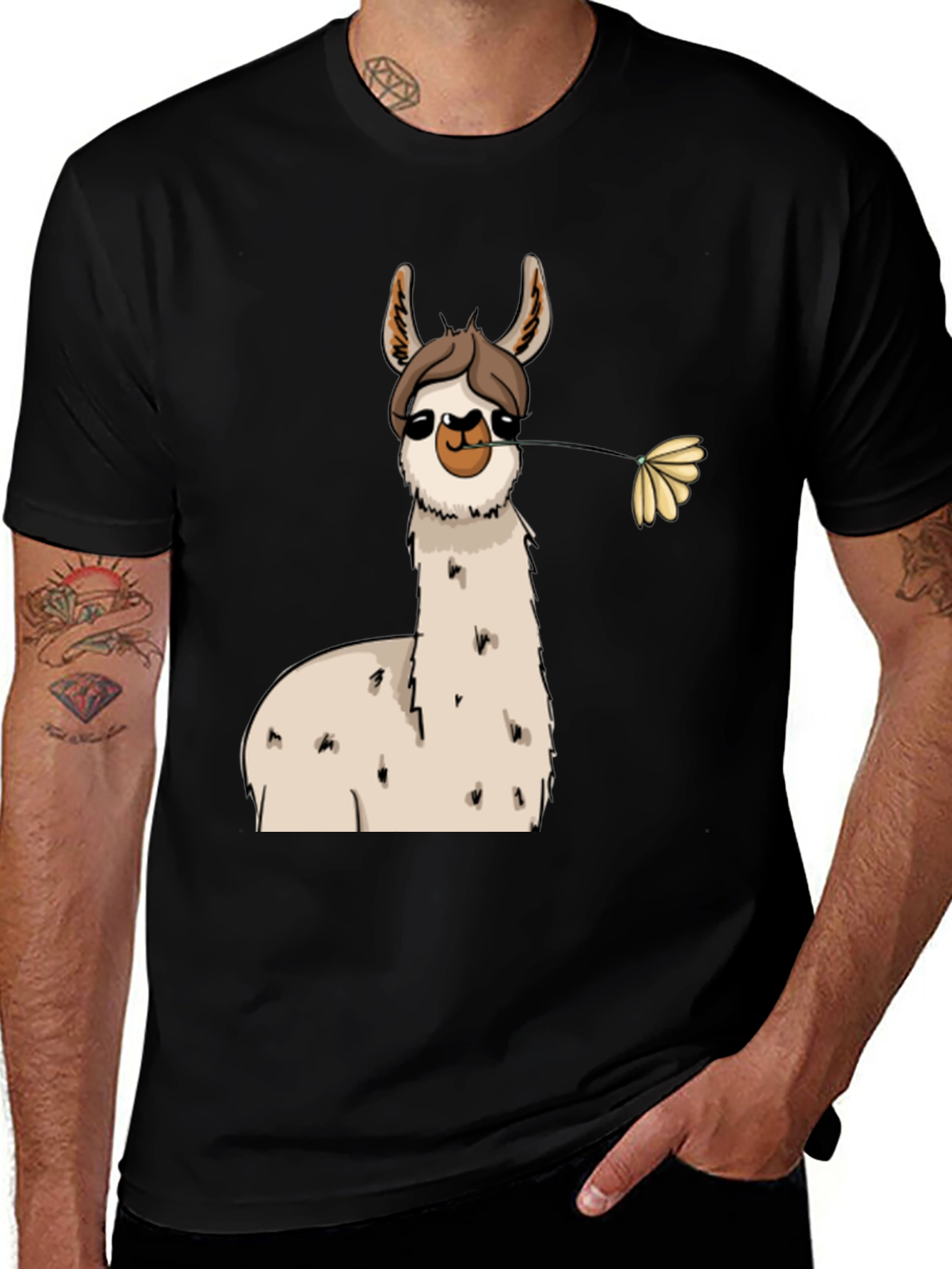 Llama with Flower Black T-Shirt