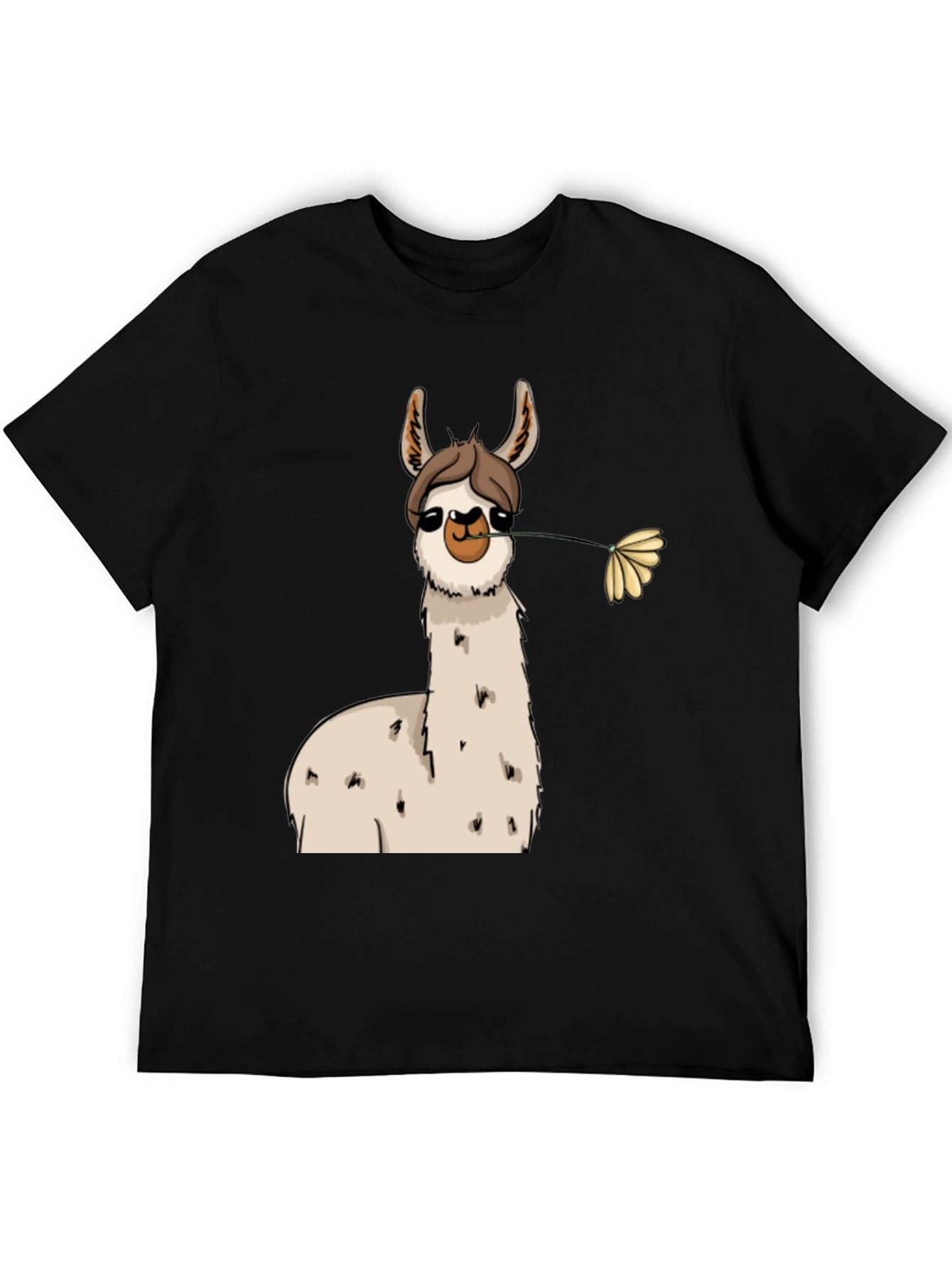 Llama with Flower Black T-Shirt