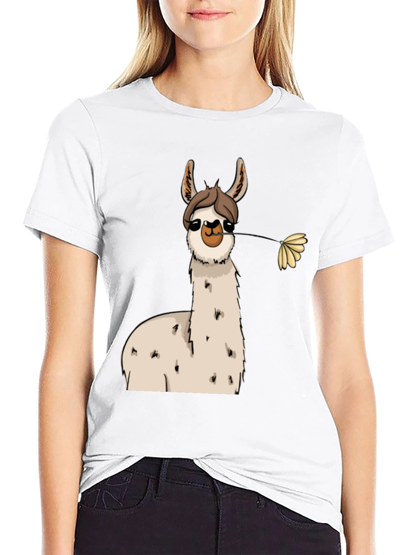 Llama with Flower Black T-Shirt