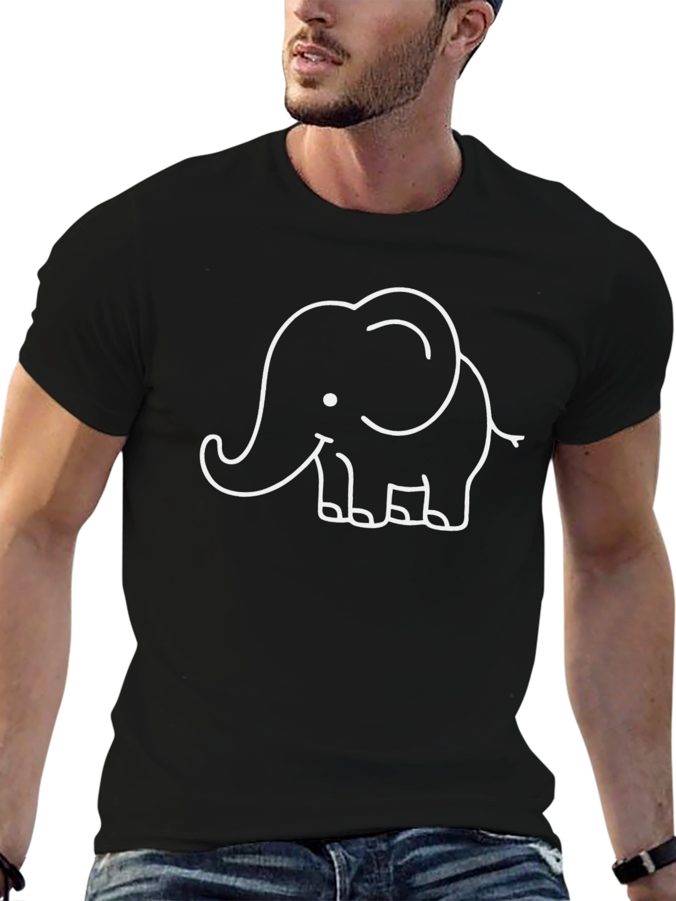 Elephant Outline Graphic Tee - Black Cotton T-Shirt