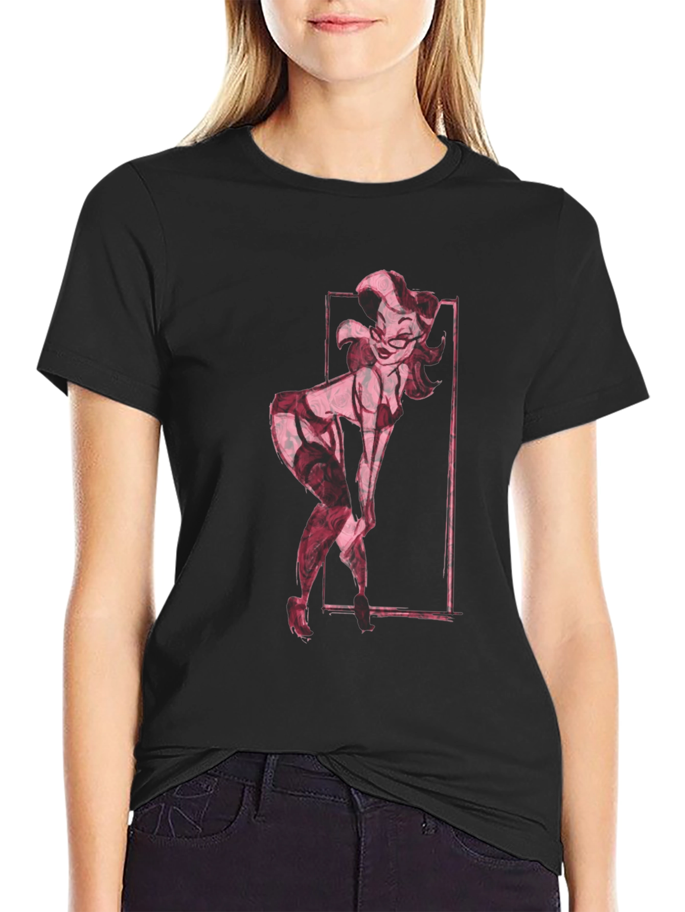 Retro Pin-Up Girl Graphic Tee - Black Cotton T-Shirt