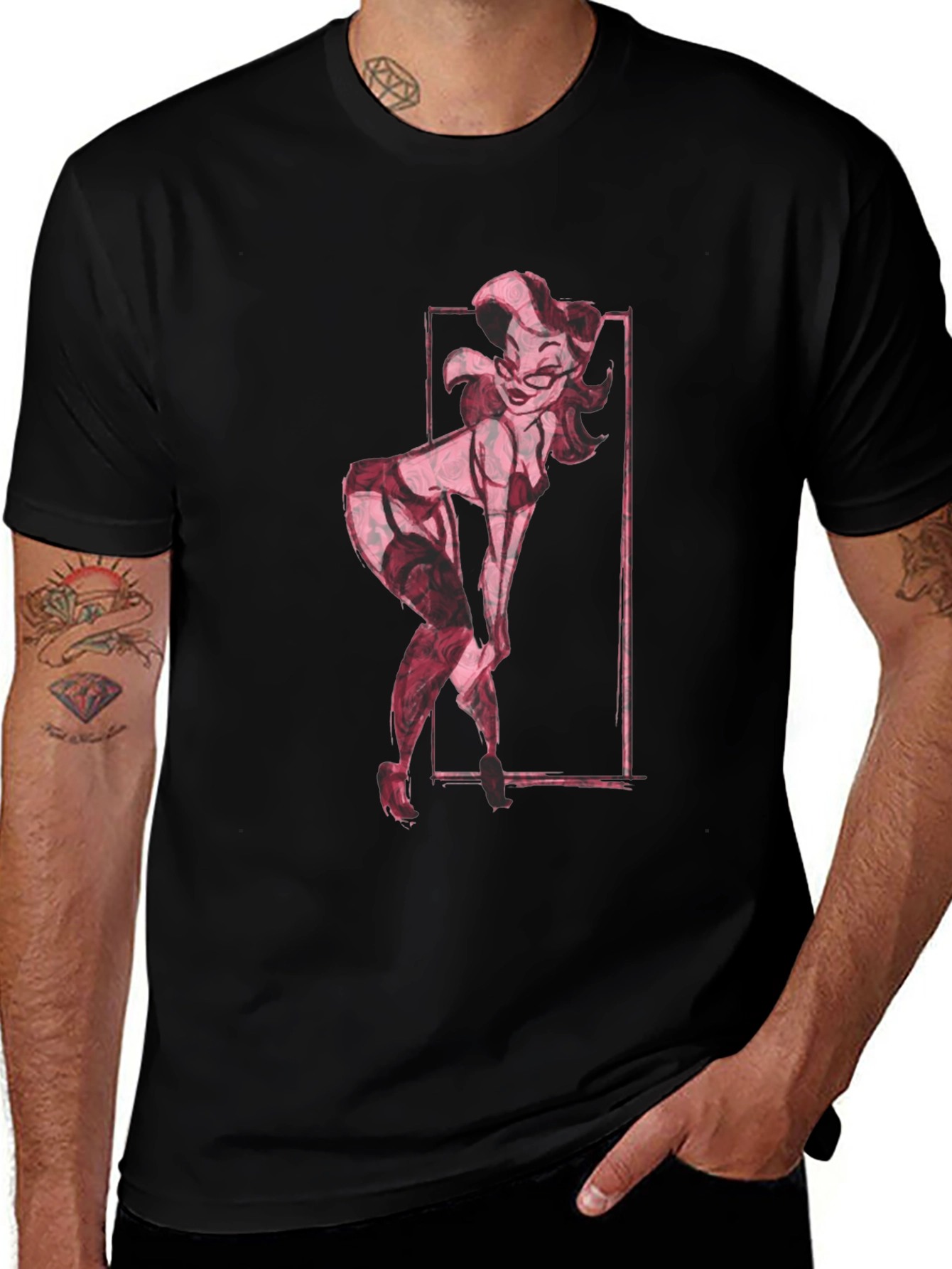 Retro Pin-Up Girl Graphic Tee - Black Cotton T-Shirt