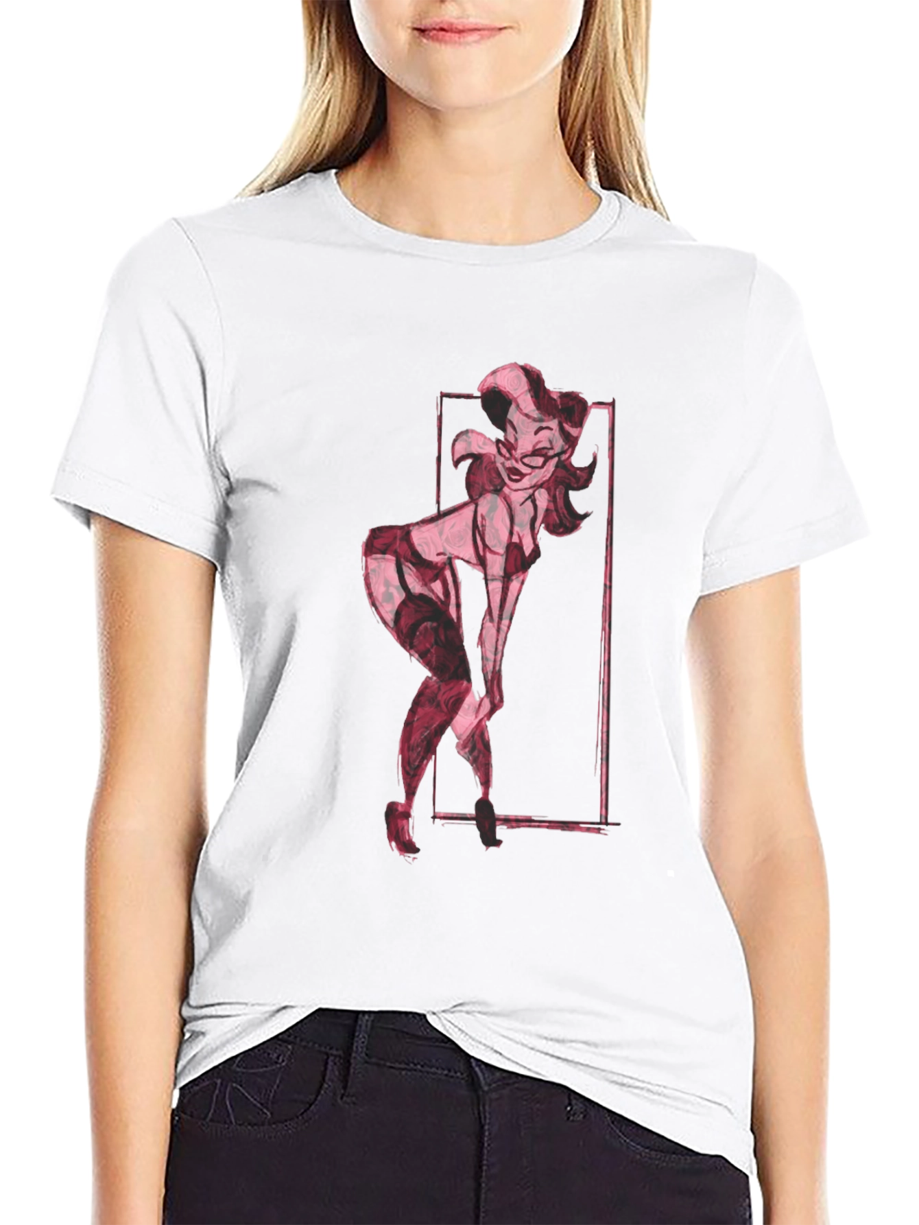 Retro Pin-Up Girl Graphic Tee - Black Cotton T-Shirt