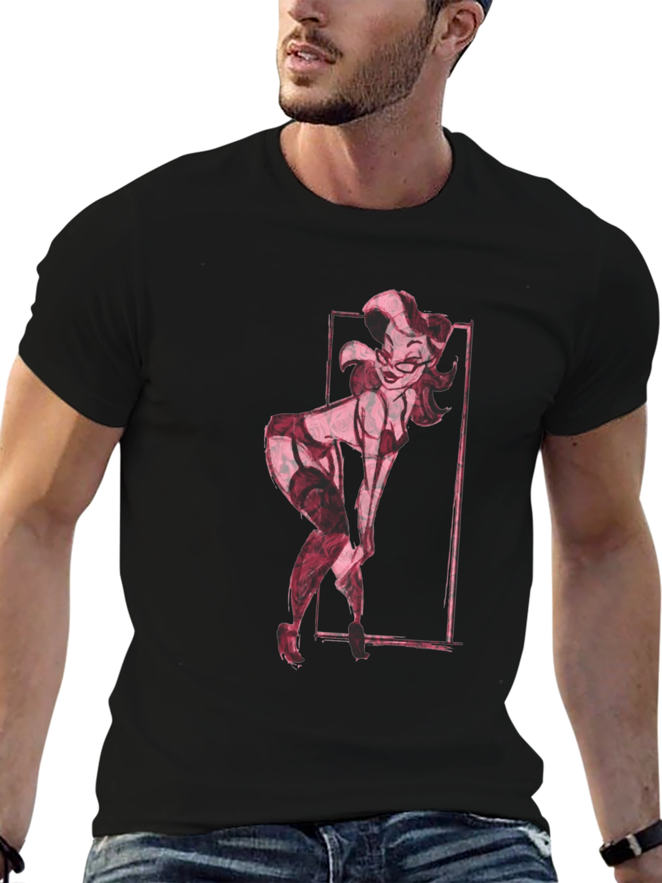 Retro Pin-Up Girl Graphic Tee - Black Cotton T-Shirt