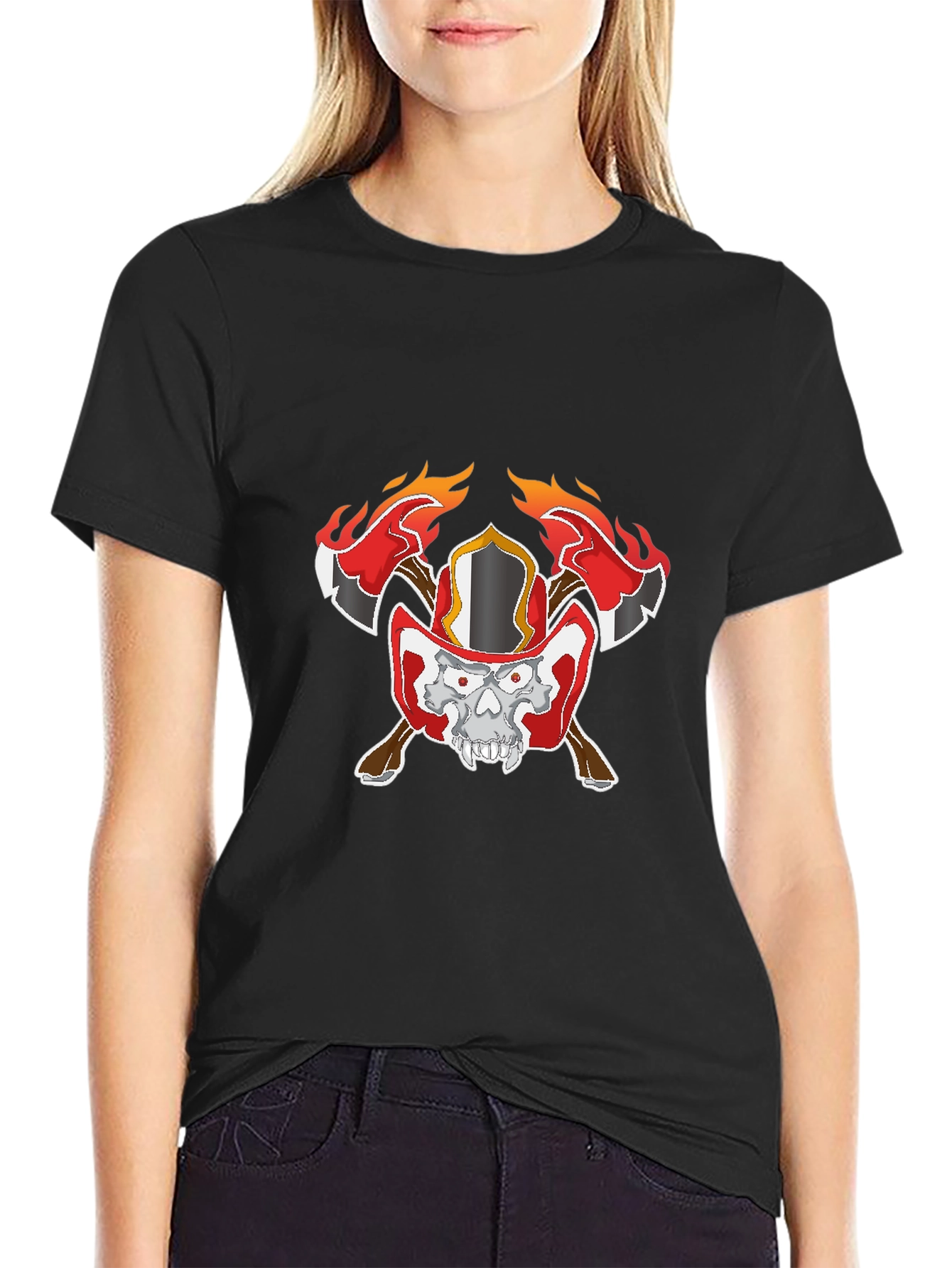 Skull Firefighter Graphic Black T-Shirt