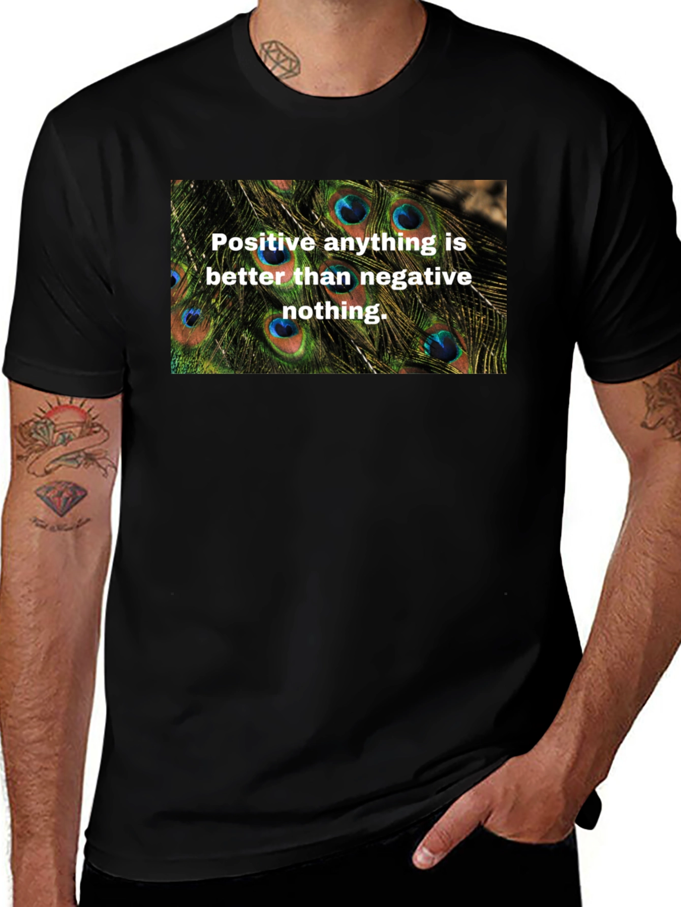 Positive Vibes Graphic Tee - Peacock Feather Design