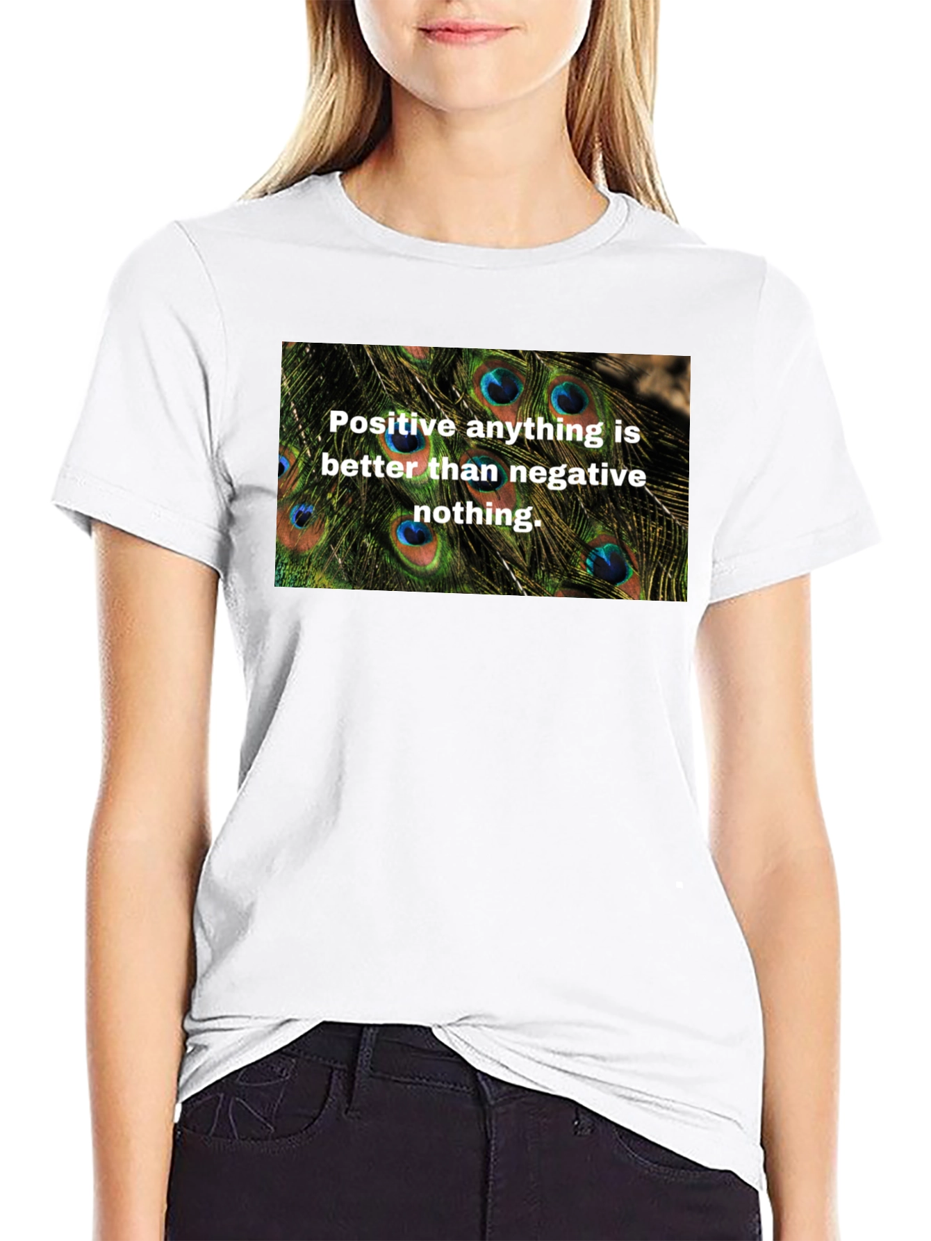 Positive Vibes Graphic Tee - Peacock Feather Design