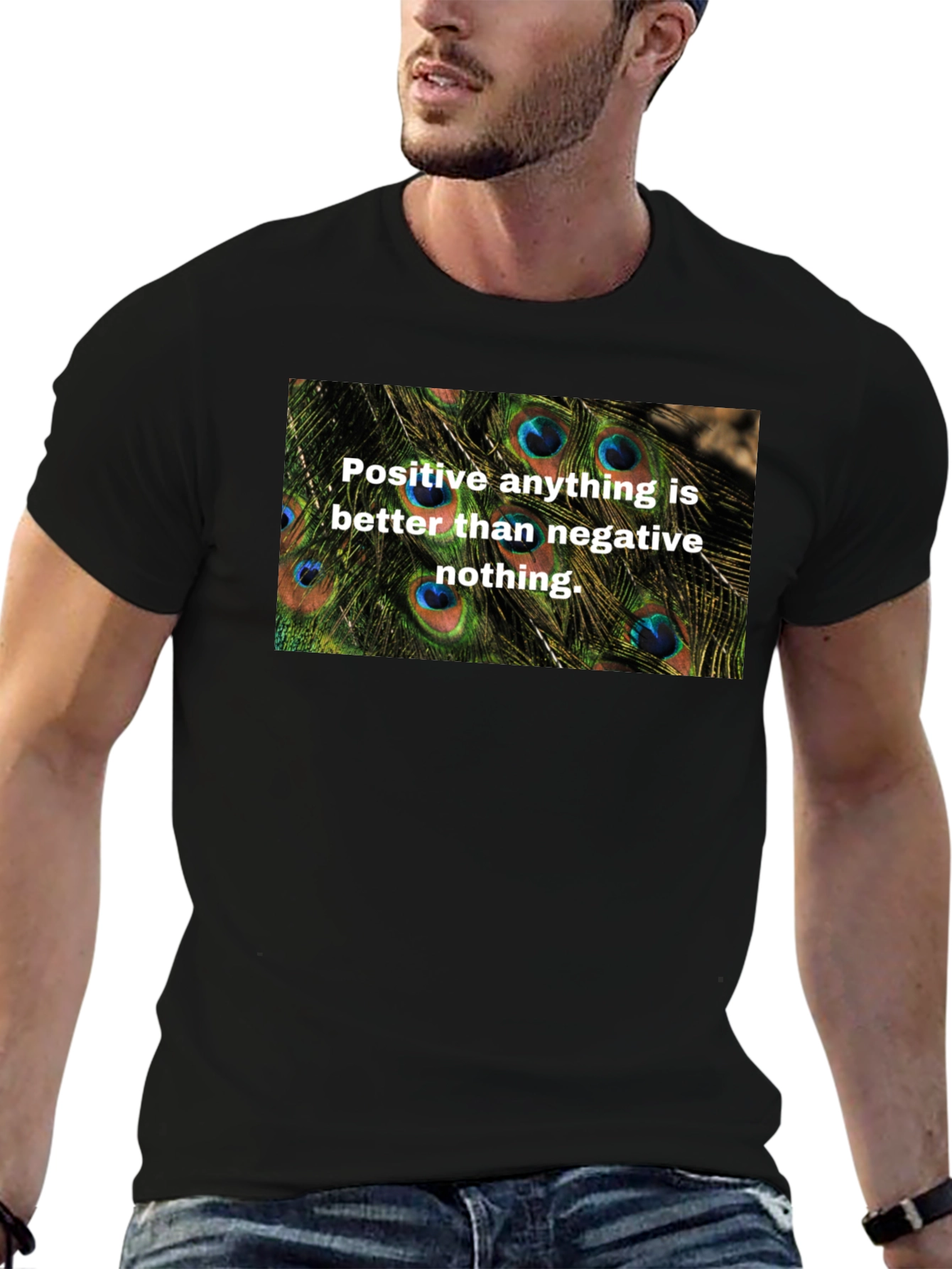 Positive Vibes Graphic Tee - Peacock Feather Design