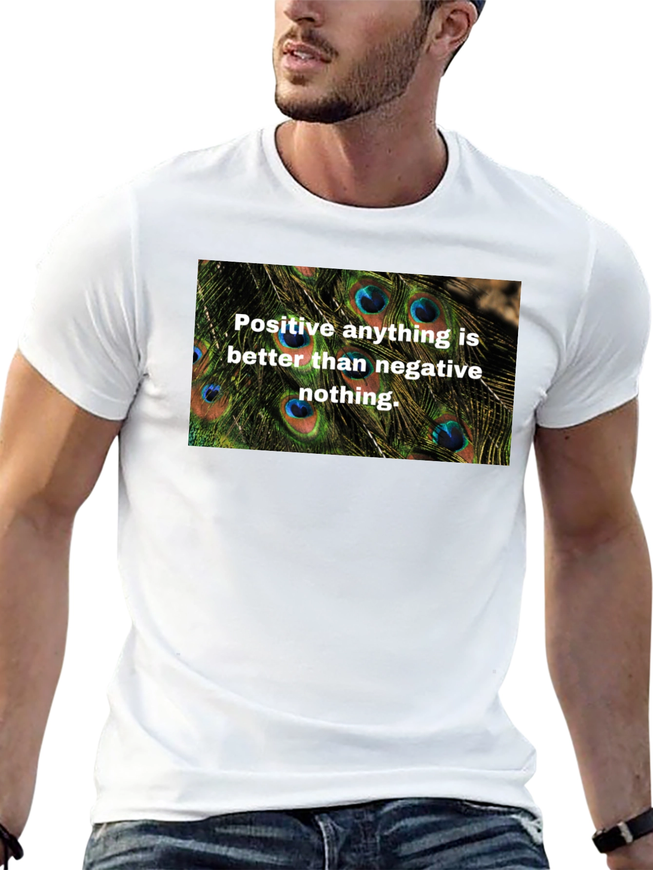 Positive Vibes Graphic Tee - Peacock Feather Design