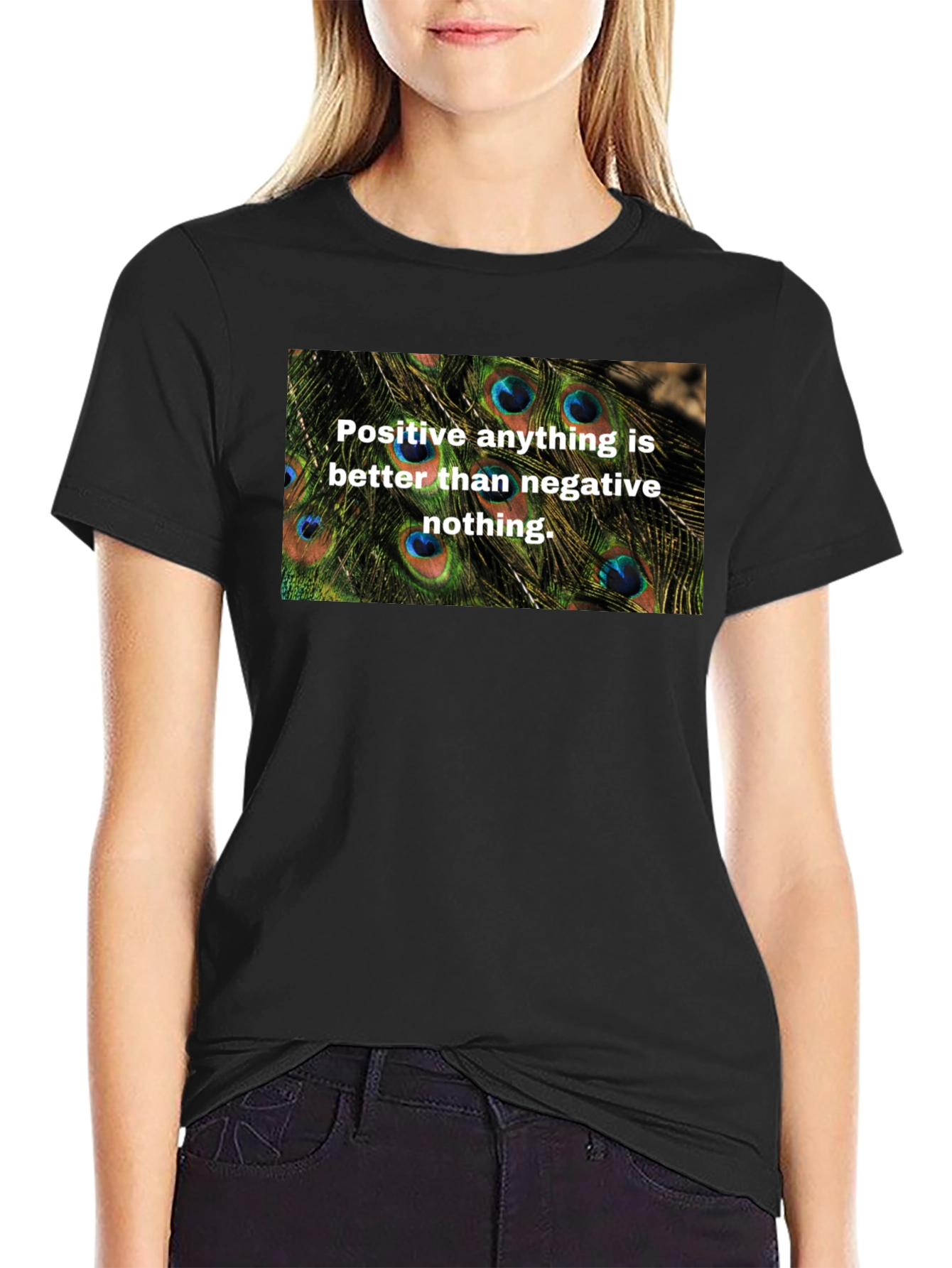 Positive Vibes Graphic Tee - Peacock Feather Design