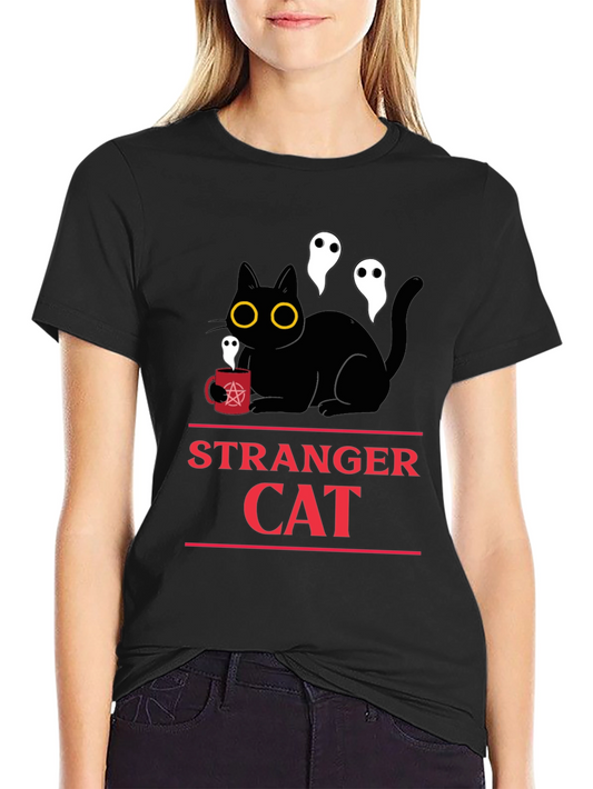 Stranger Cat T-Shirt - Black Cat & Ghosts Graphic Tee