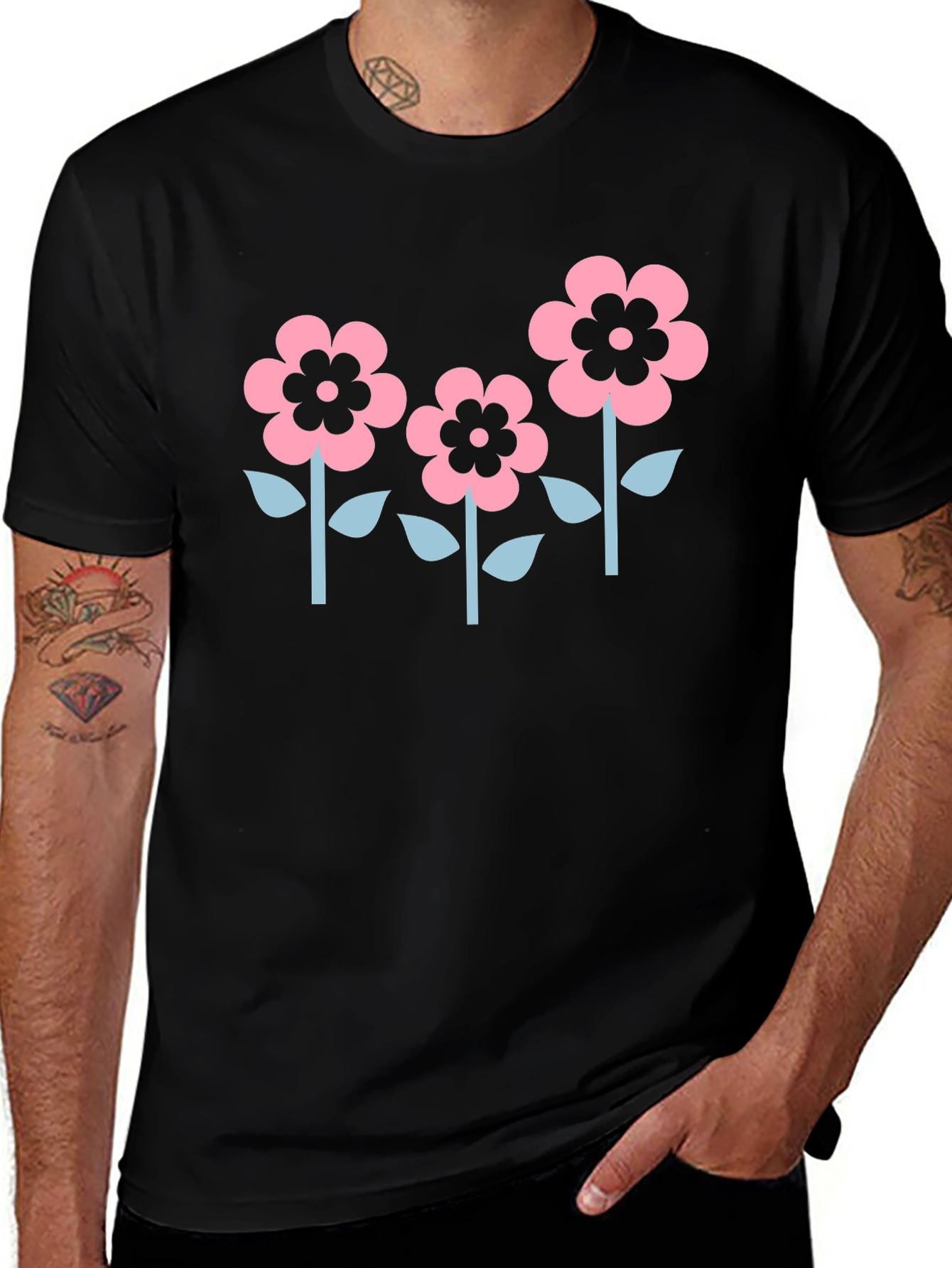 Floral Graphic Tee - Black Cotton Casual Shirt
