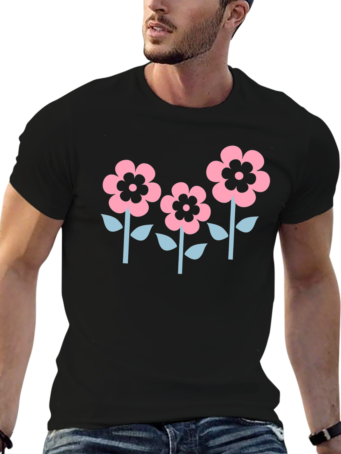 Floral Graphic Tee - Black Cotton Casual Shirt