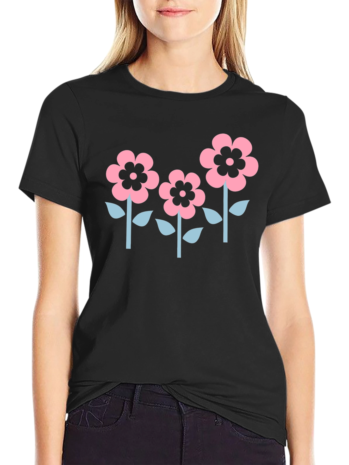 Floral Graphic Tee - Black Cotton Casual Shirt