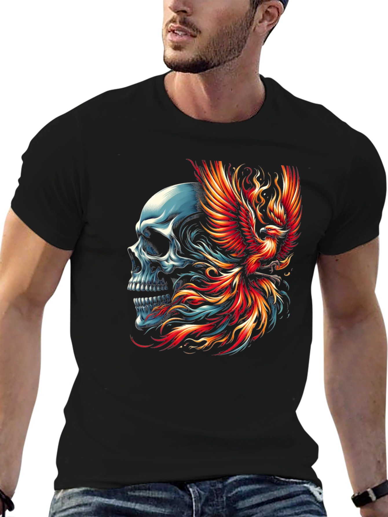 Skull Phoenix Graphic T-Shirt - Black