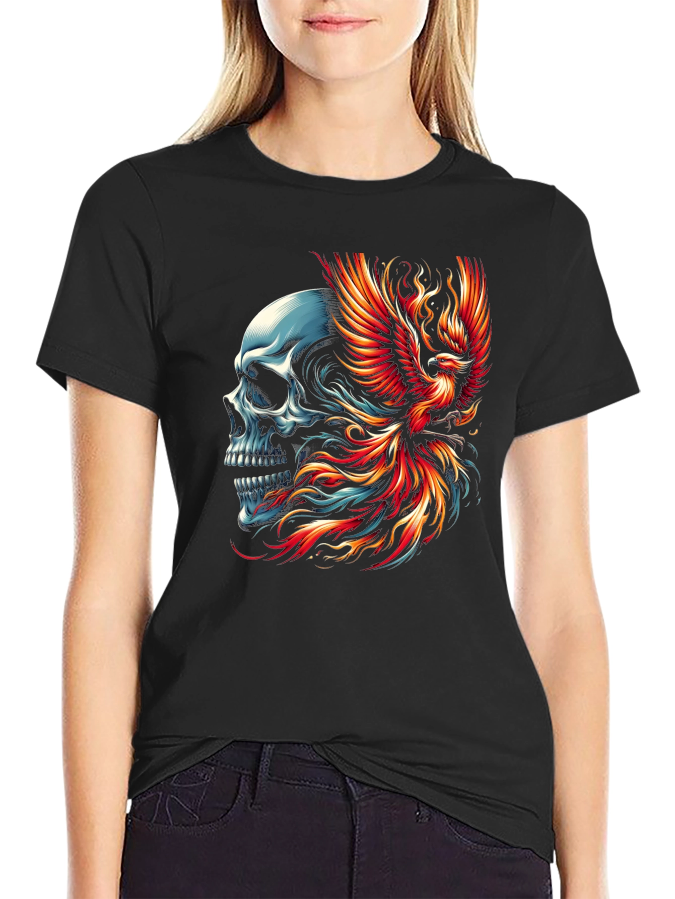 Skull Phoenix Graphic T-Shirt - Black
