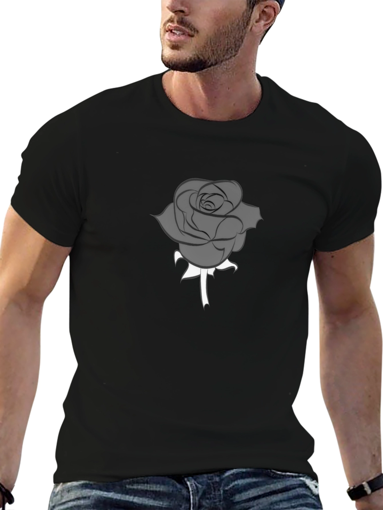 Mens Black T-Shirt with Gray Rose Graphic