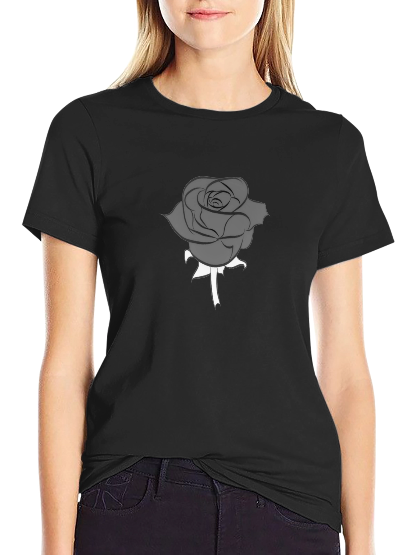Mens Black T-Shirt with Gray Rose Graphic