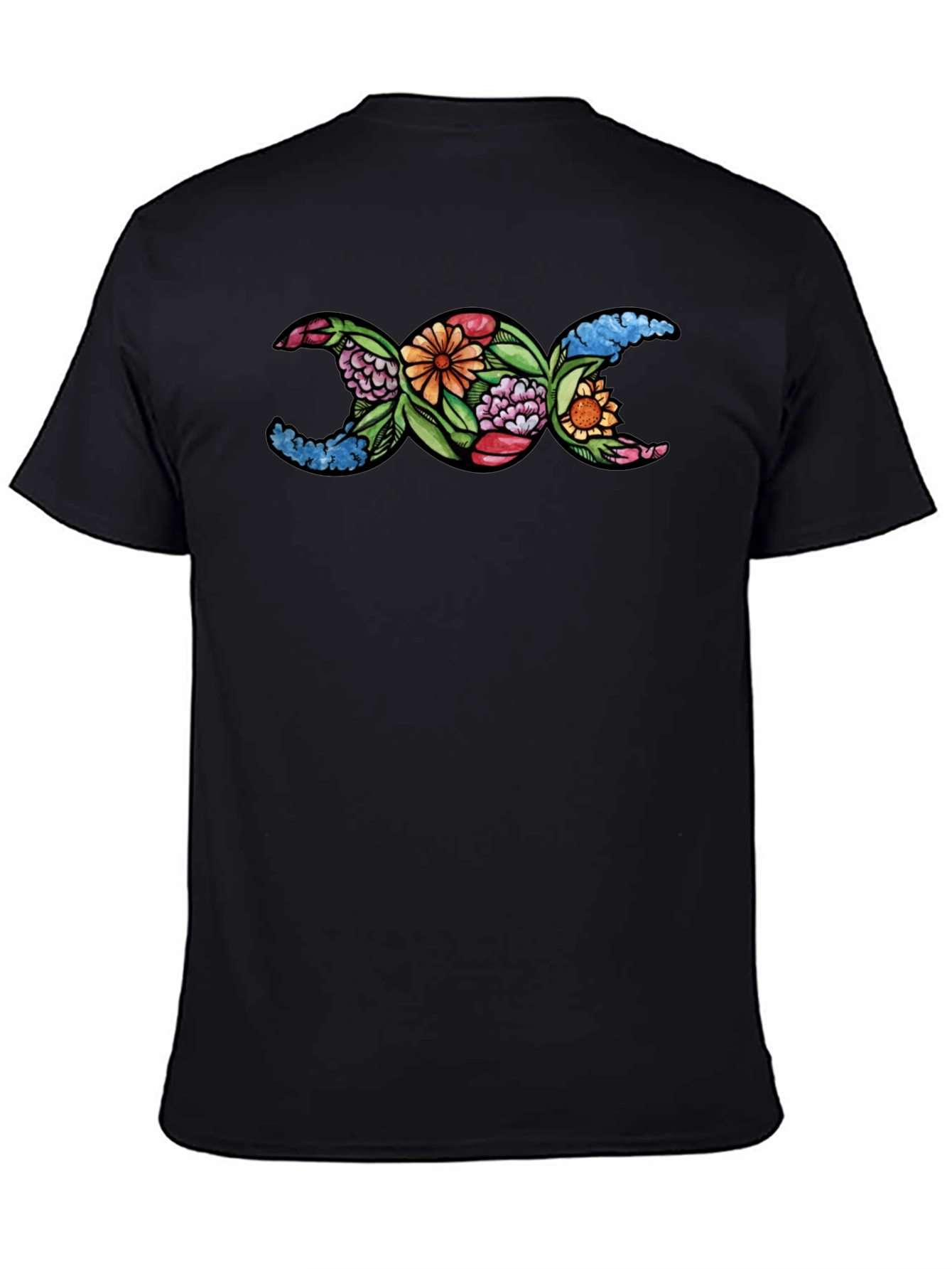 Floral Triple Moon Goddess T-Shirt - Black