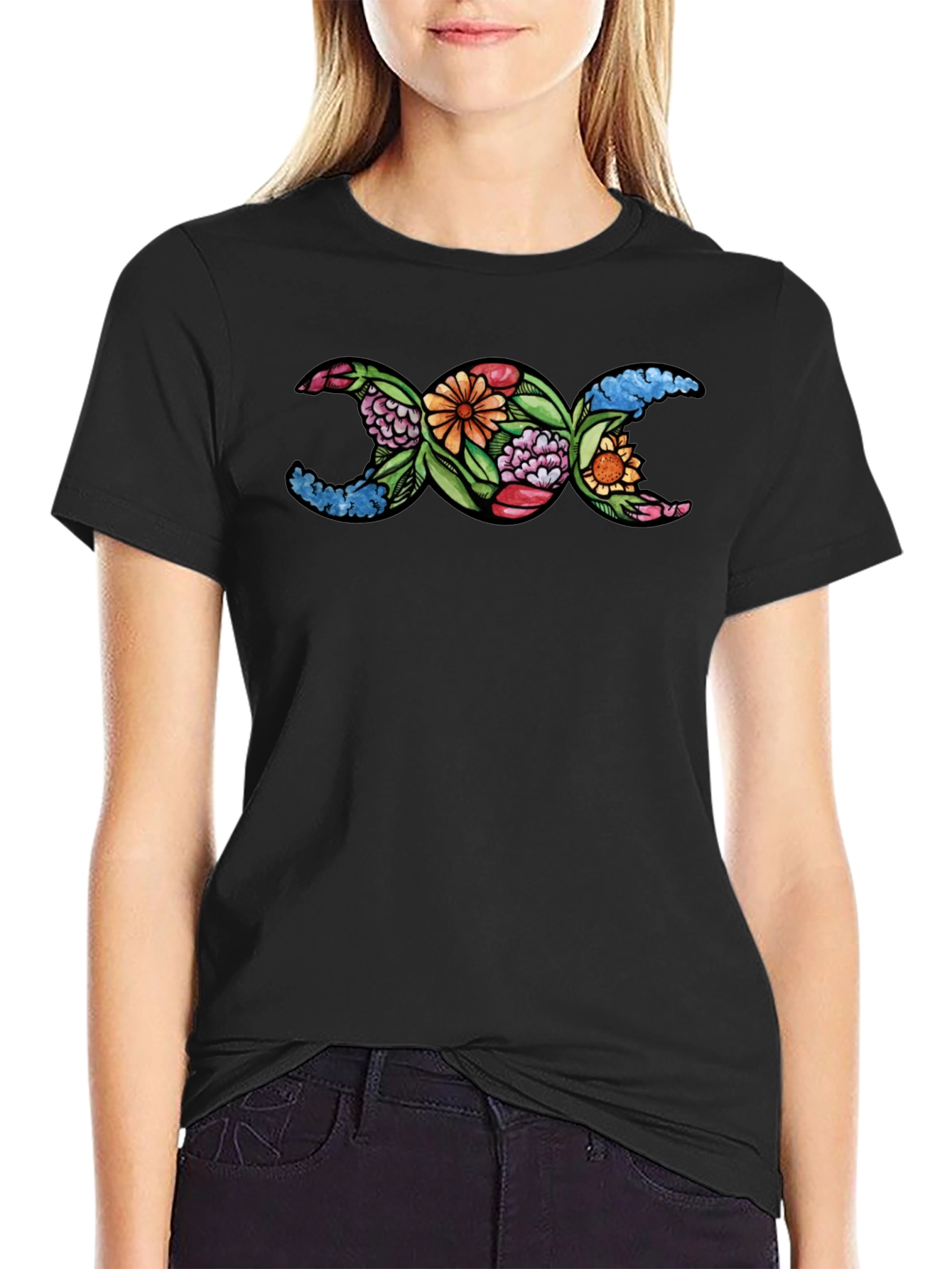 Floral Triple Moon Goddess T-Shirt - Black