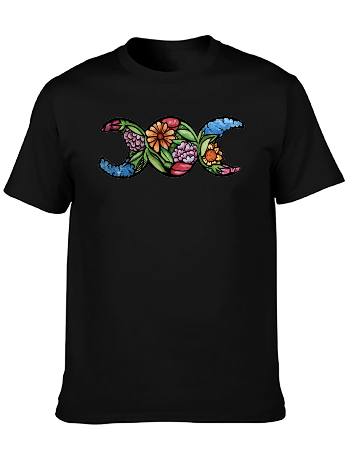 Floral Triple Moon Goddess T-Shirt - Black