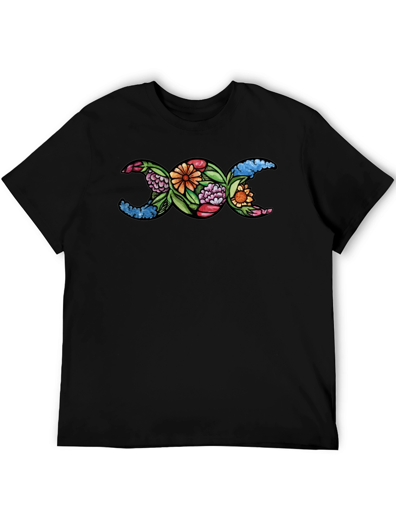 Floral Triple Moon Goddess T-Shirt - Black