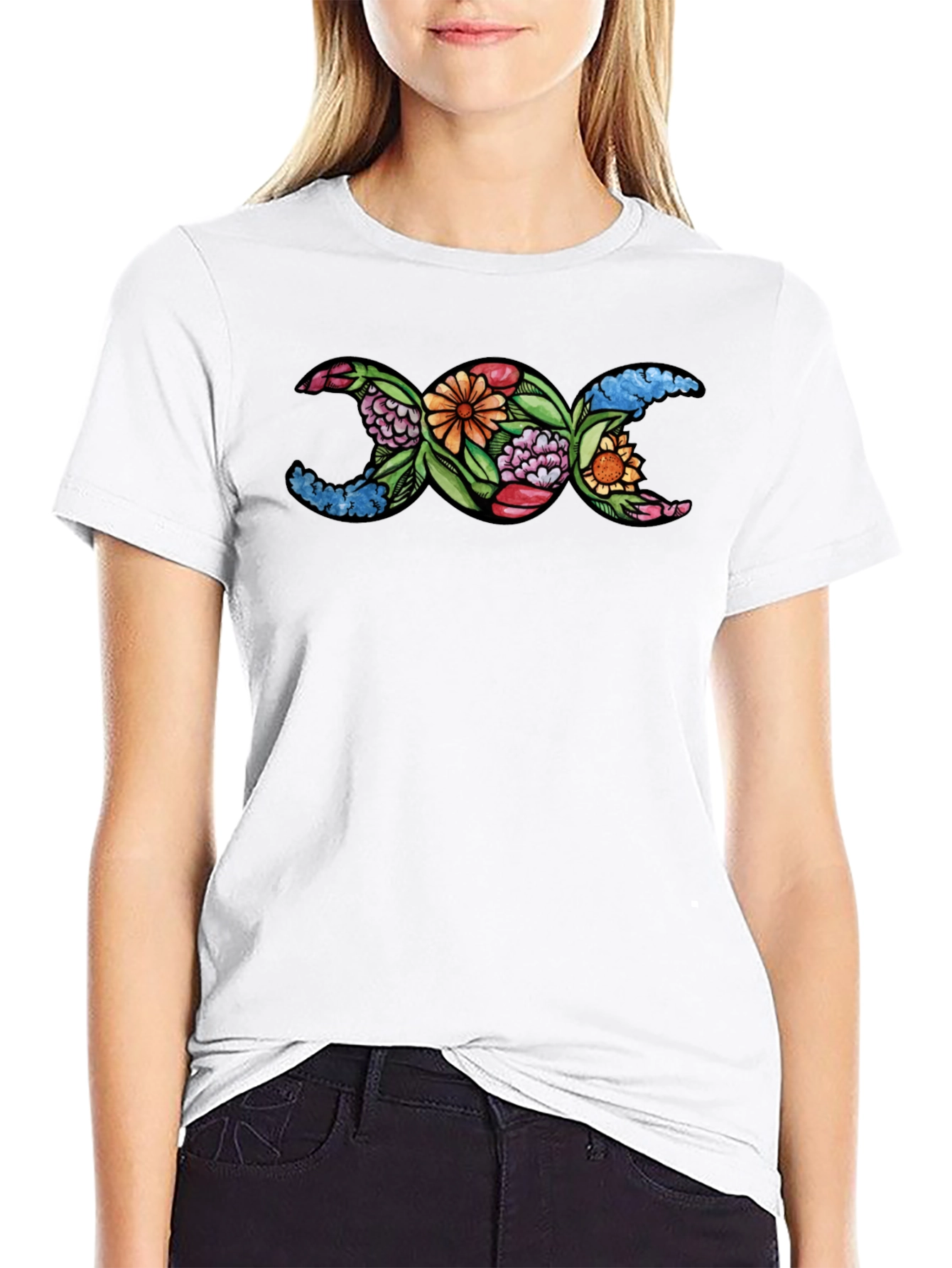 Floral Triple Moon Goddess T-Shirt - Black