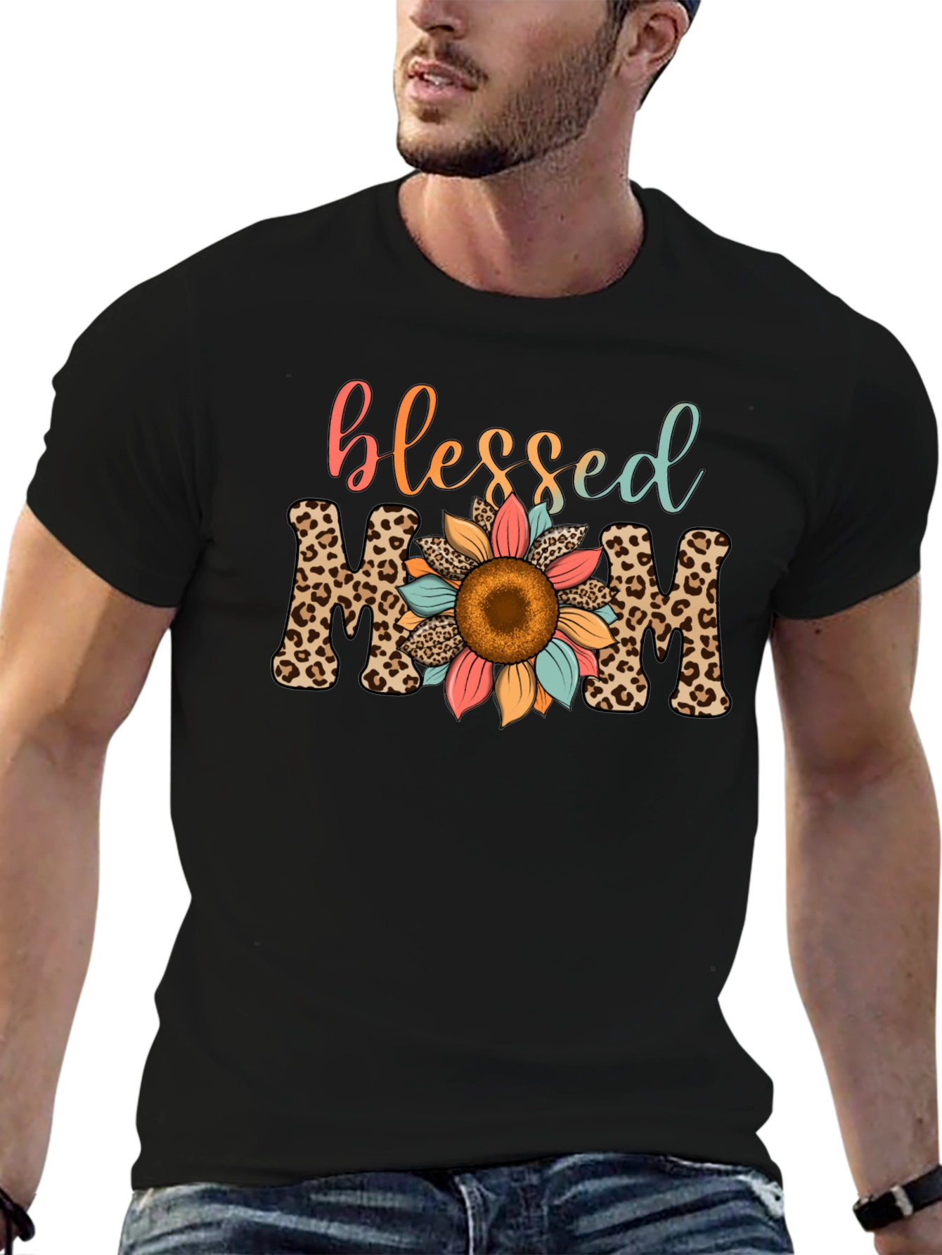 Blessed Mom Leopard Print Sunflower T-Shirt