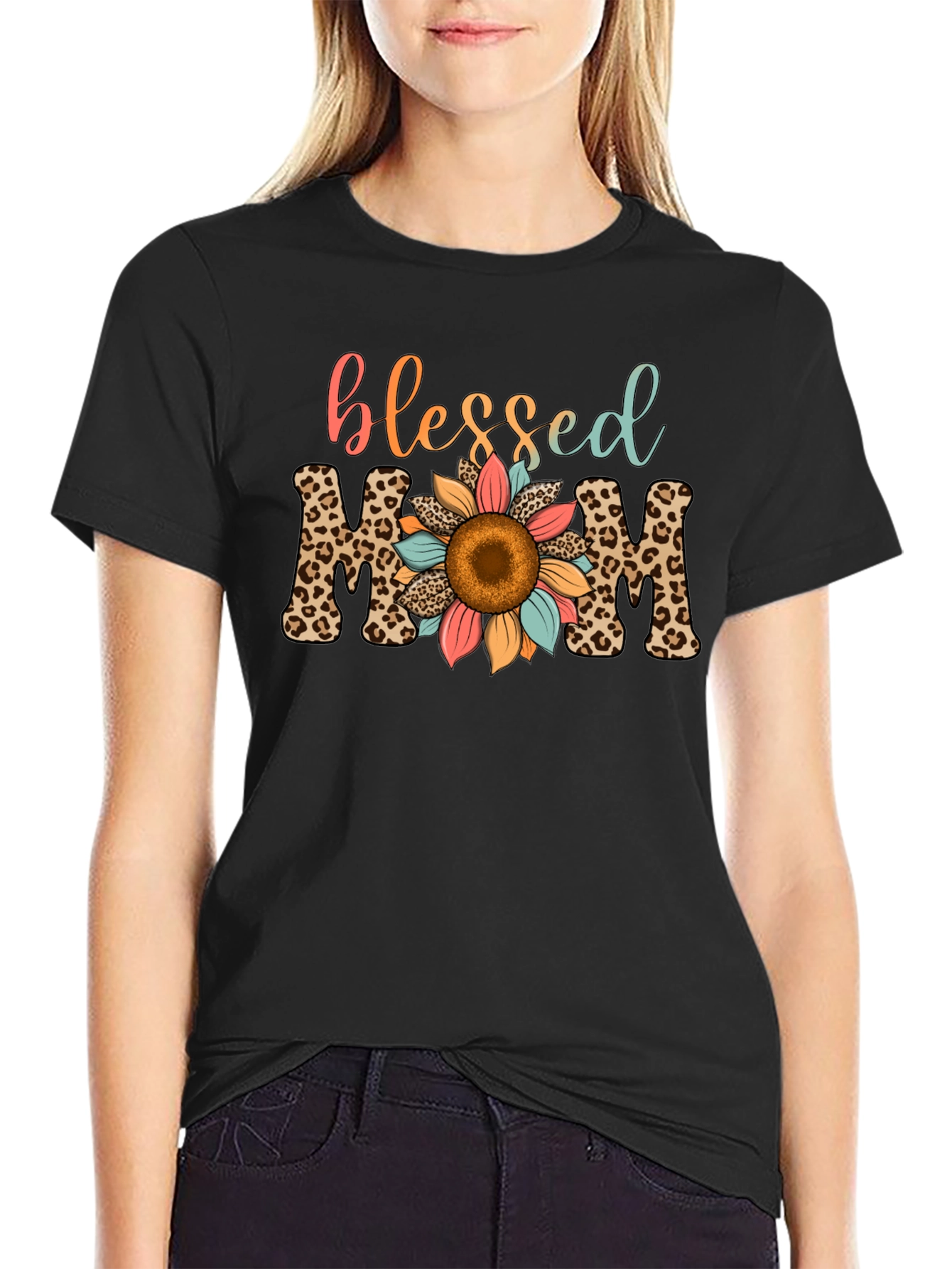 Blessed Mom Leopard Print Sunflower T-Shirt