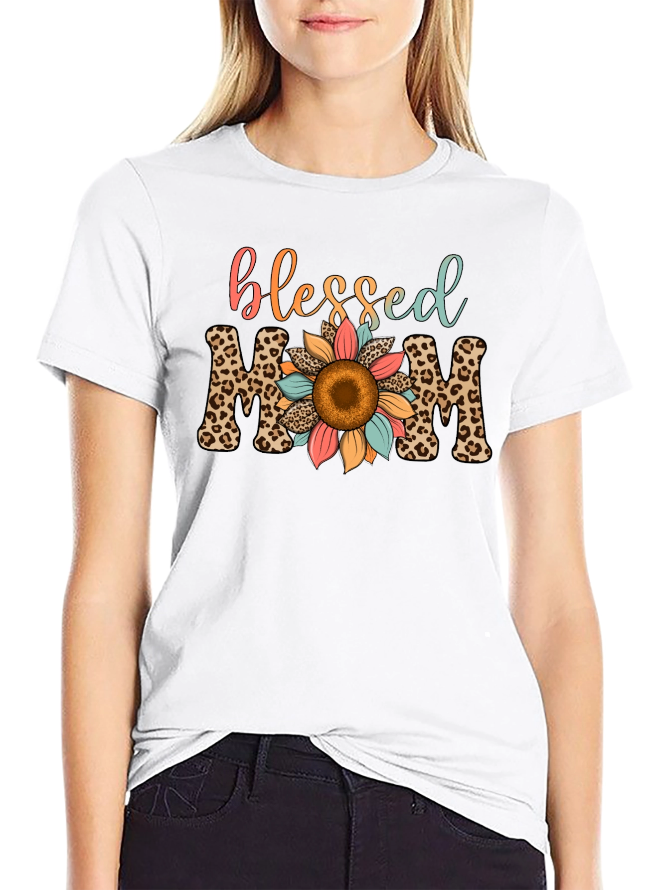 Blessed Mom Leopard Print Sunflower T-Shirt