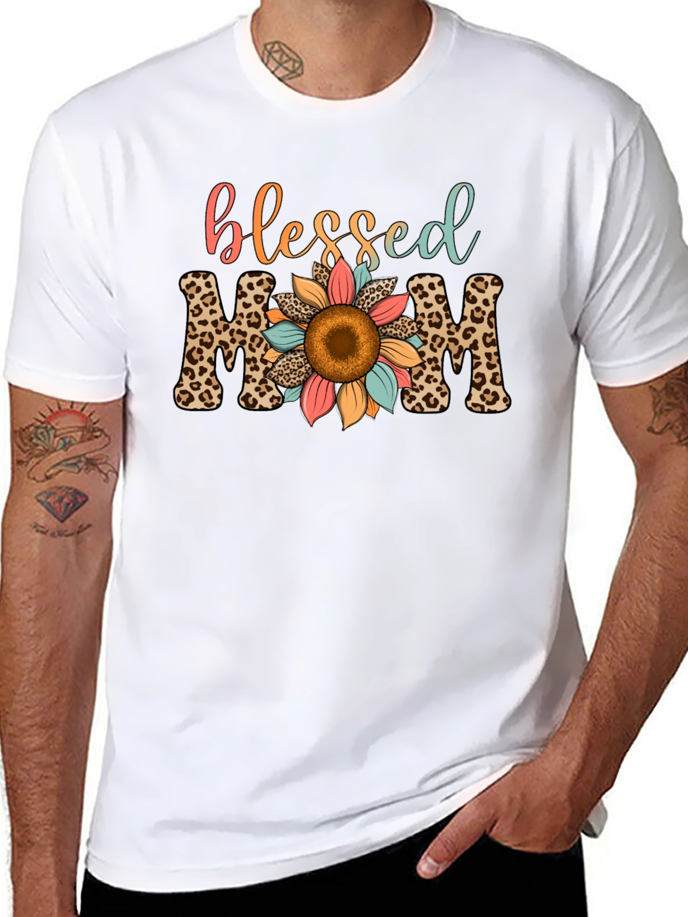 Blessed Mom Leopard Print Sunflower T-Shirt