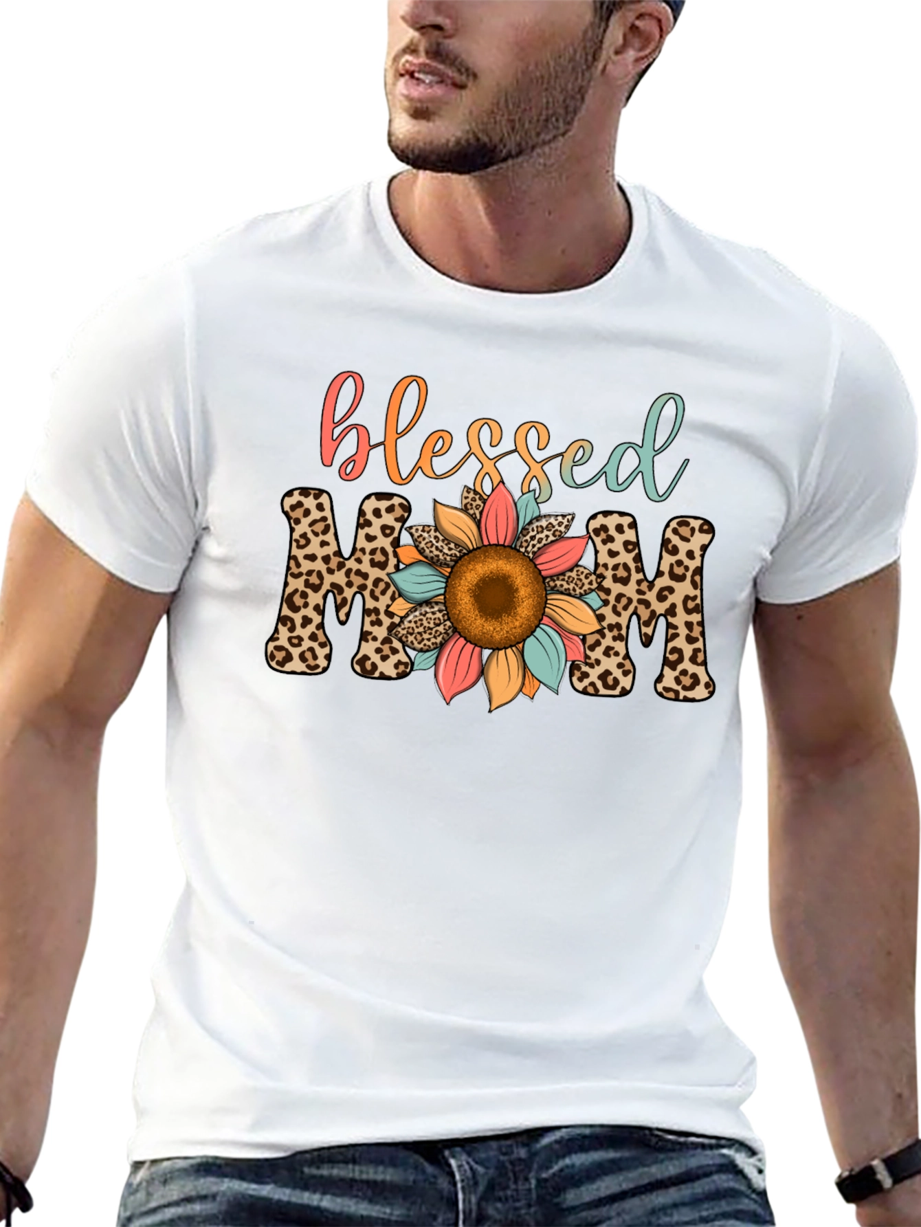 Blessed Mom Leopard Print Sunflower T-Shirt