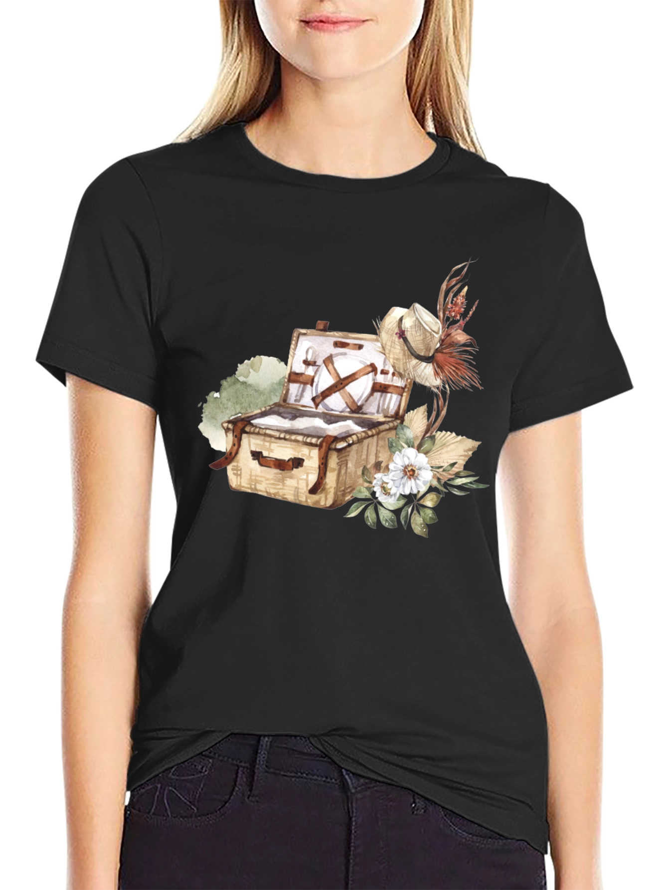 Picnic Basket Graphic Tee - Casual Black T-Shirt