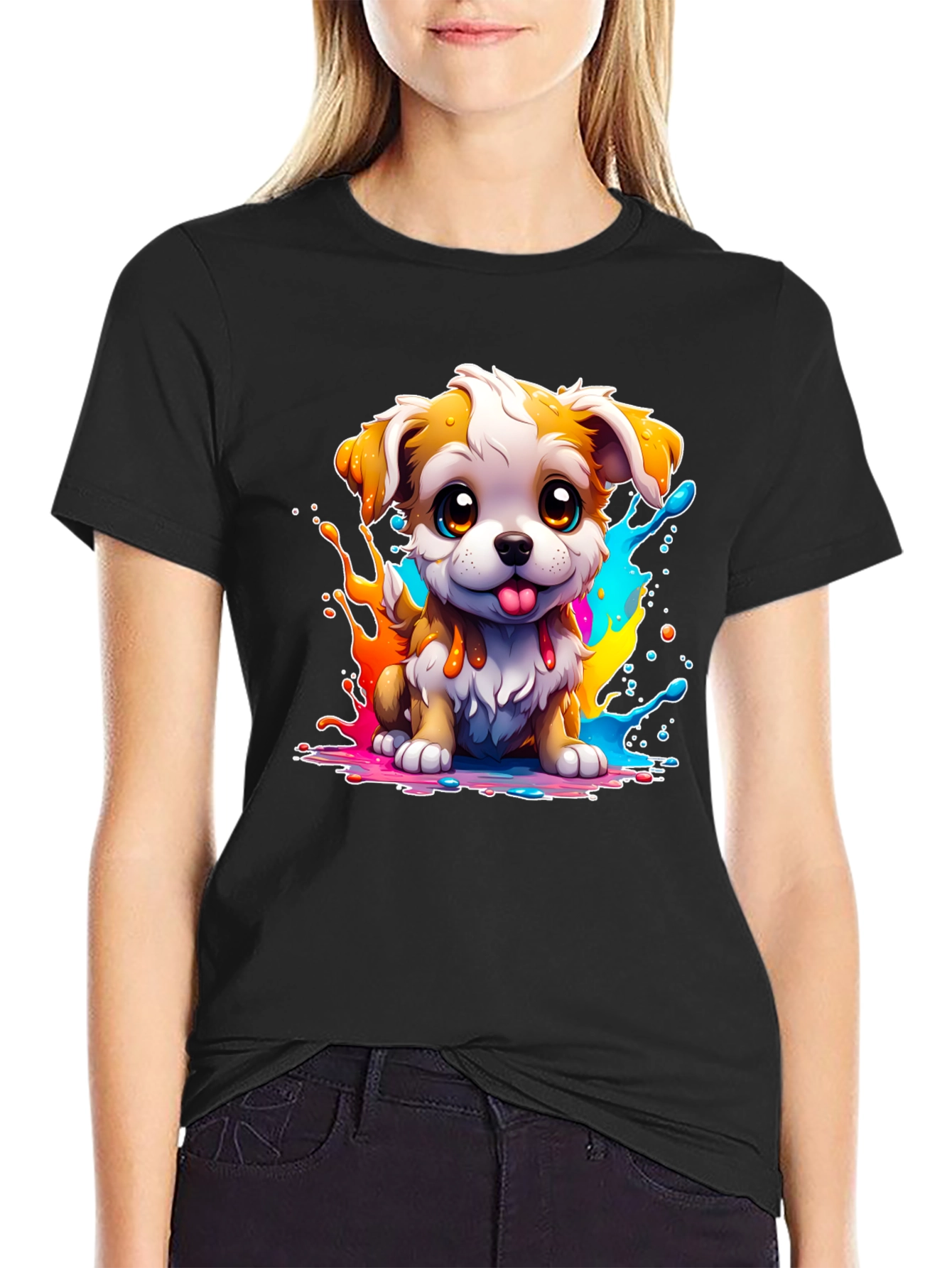 Cute Puppy Paint Splatter Graphic Tee