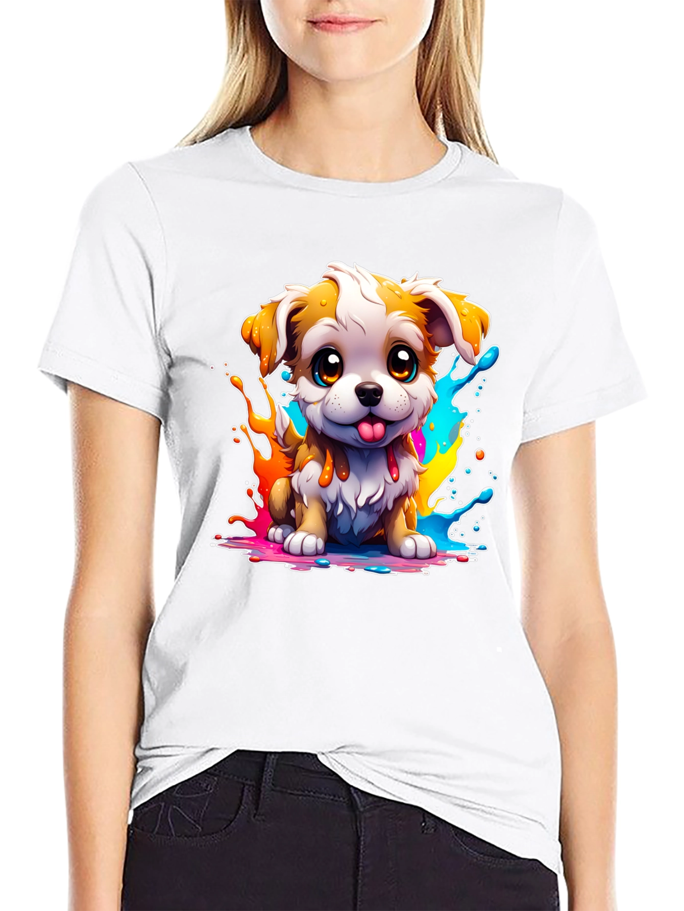Cute Puppy Paint Splatter Graphic Tee