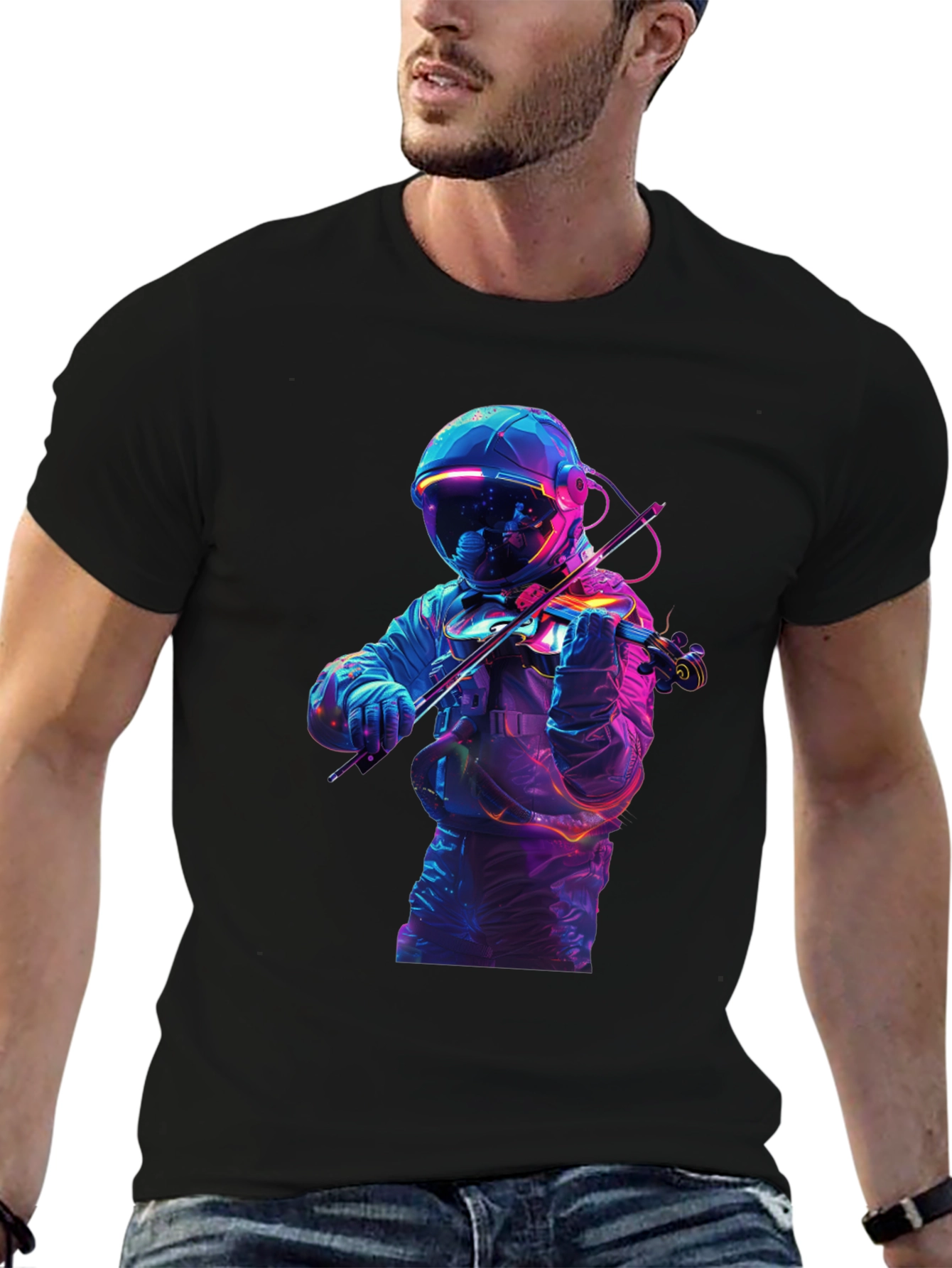 Astronaut Violinist Graphic Tee - Black Cotton