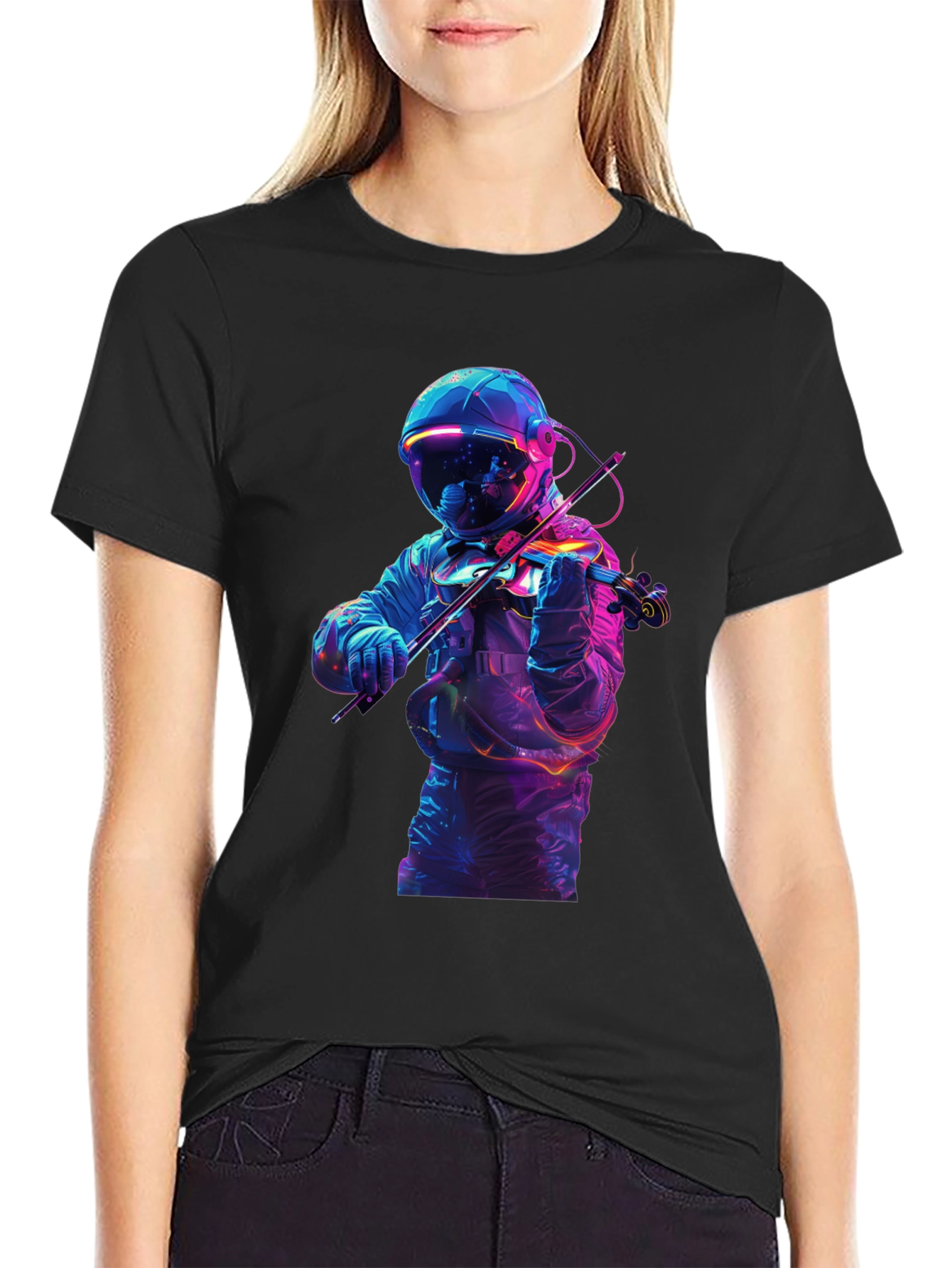Astronaut Violinist Graphic Tee - Black Cotton