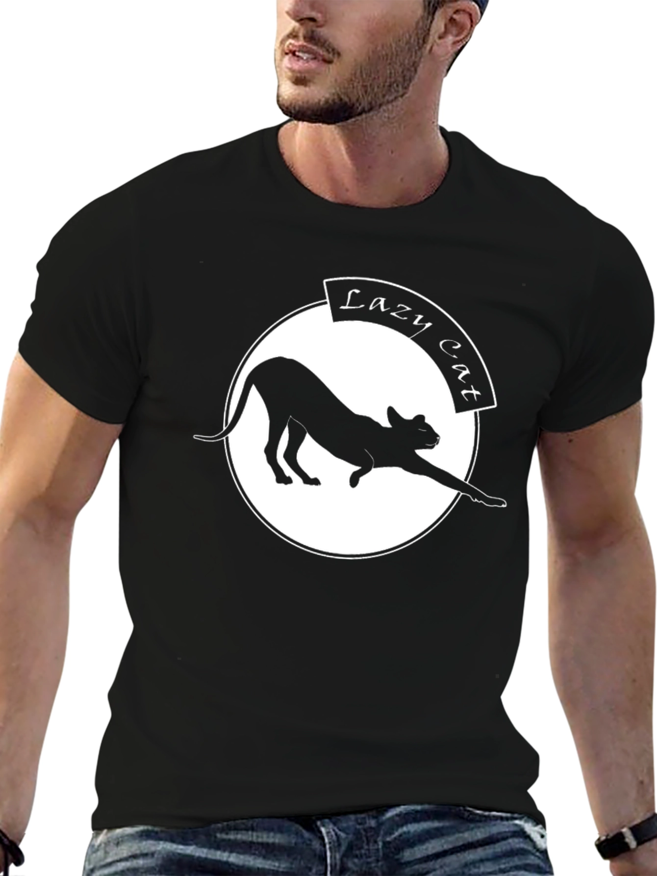 Lazy Cat Graphic Tee - Black Casual T-Shirt