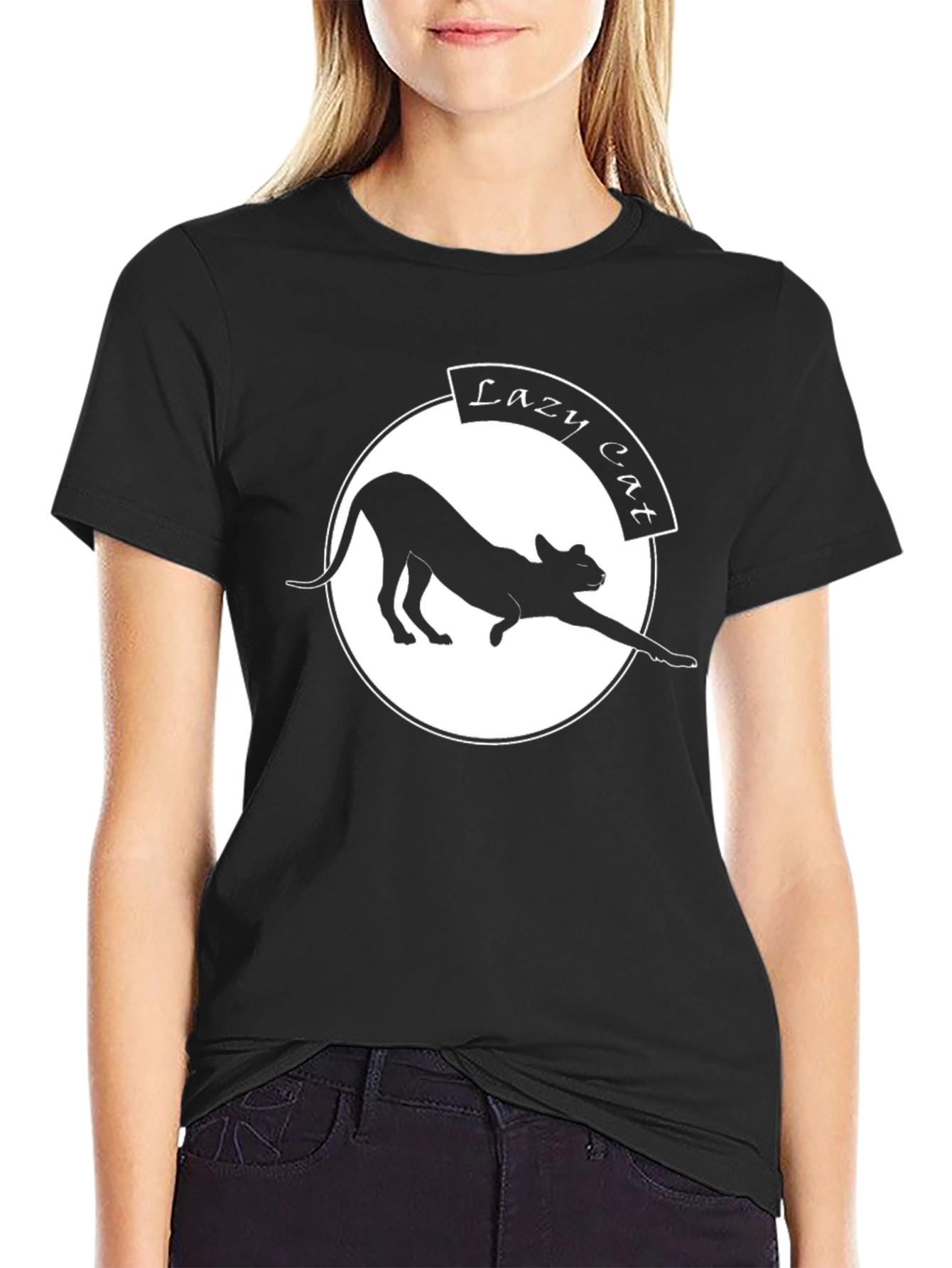 Lazy Cat Graphic Tee - Black Casual T-Shirt