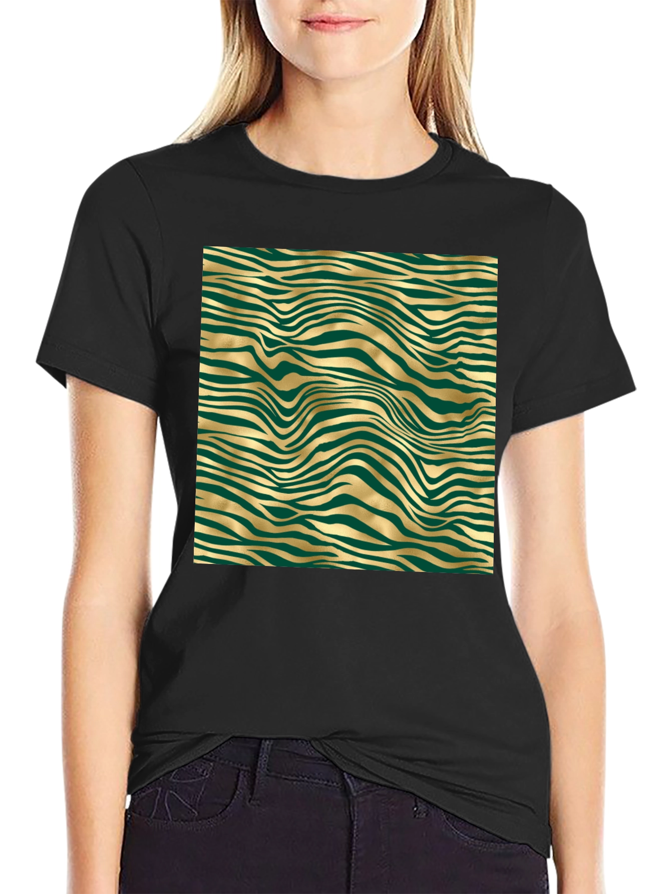 Stylish Black Tee with Abstract Gold and Green Pattern