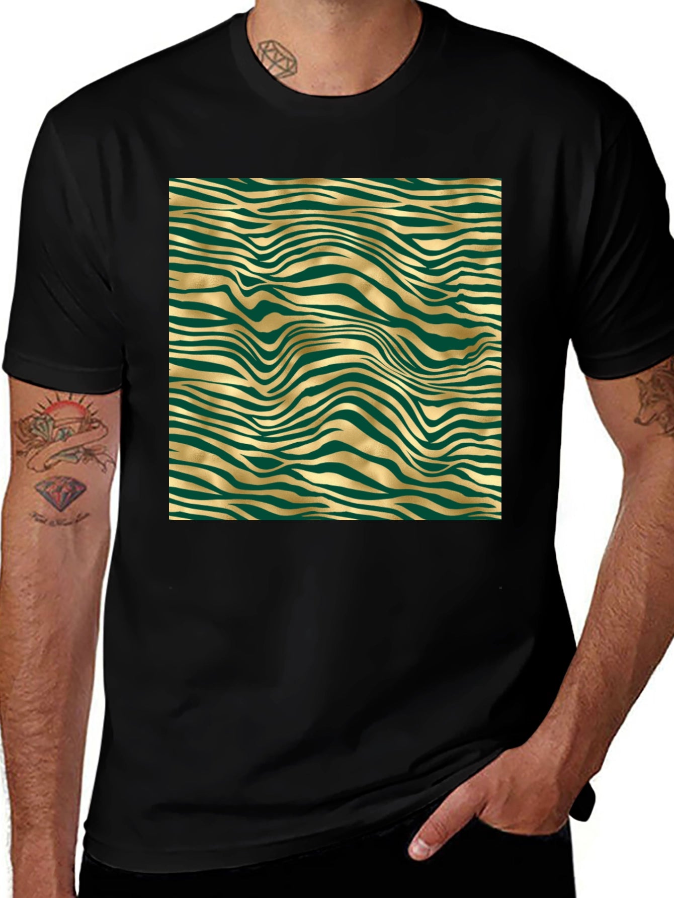 Stylish Black Tee with Abstract Gold and Green Pattern