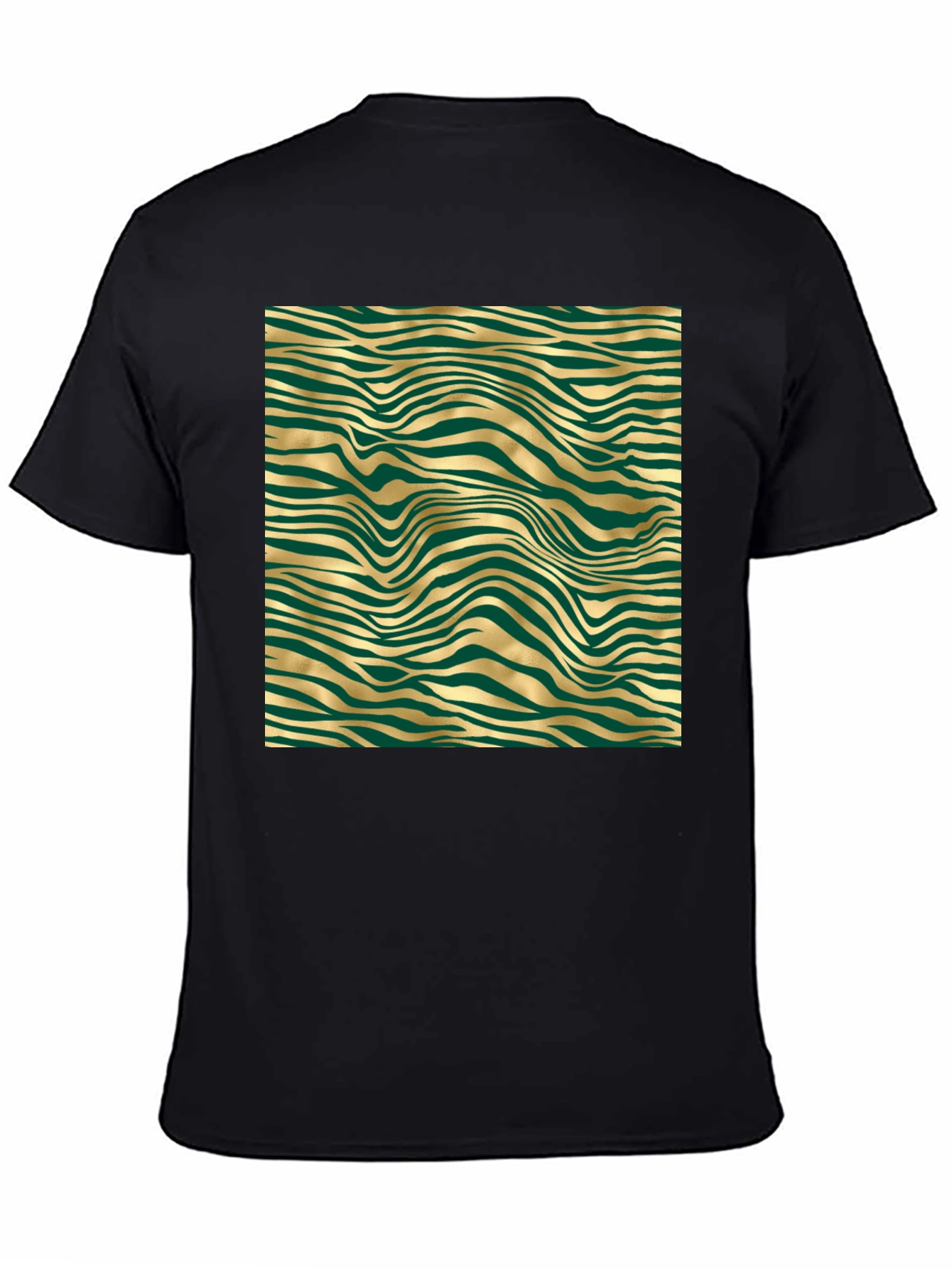 Stylish Black Tee with Abstract Gold and Green Pattern