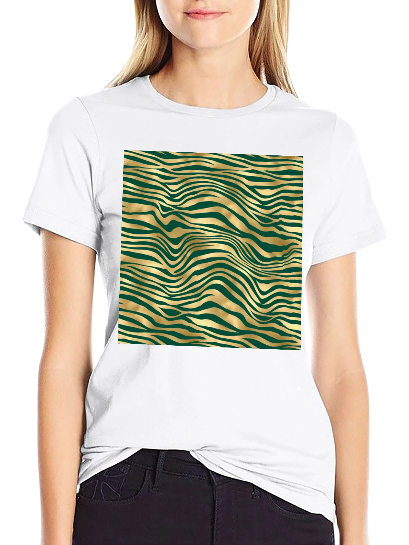 Stylish Black Tee with Abstract Gold and Green Pattern