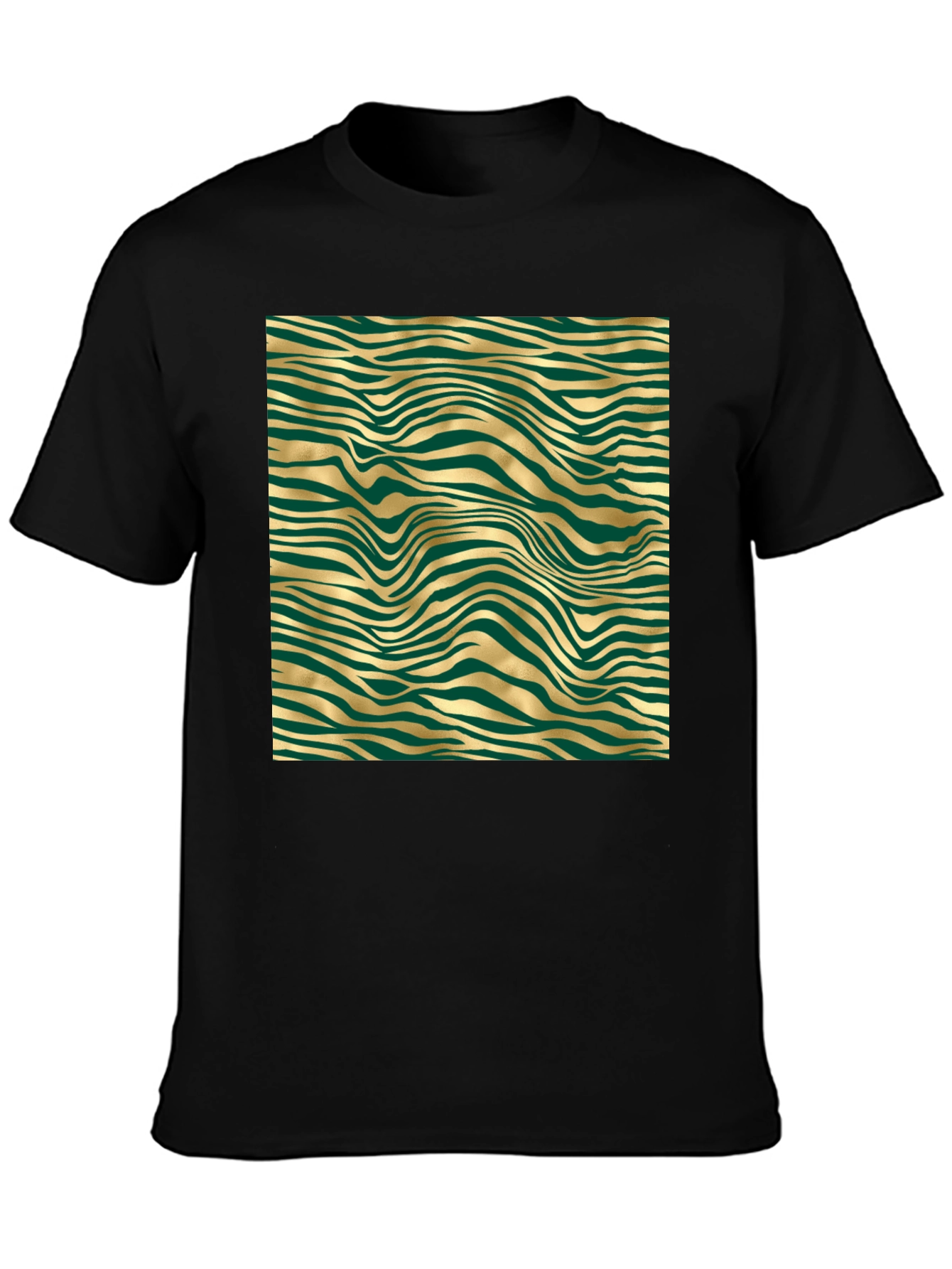 Stylish Black Tee with Abstract Gold and Green Pattern